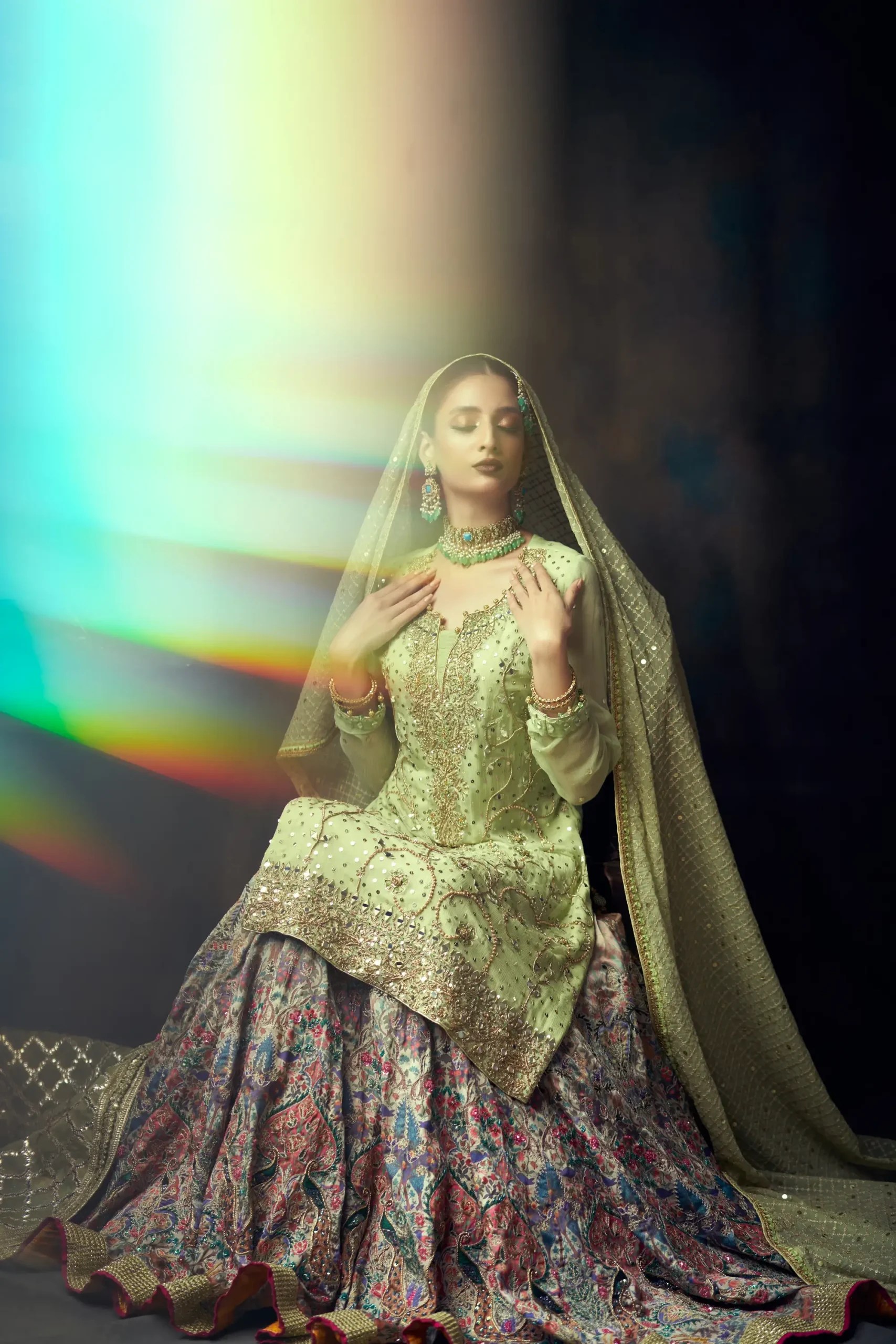 Tea-Green Embellished Net Long Shirt & Silk Lehenga (3-Piece) - Image 3