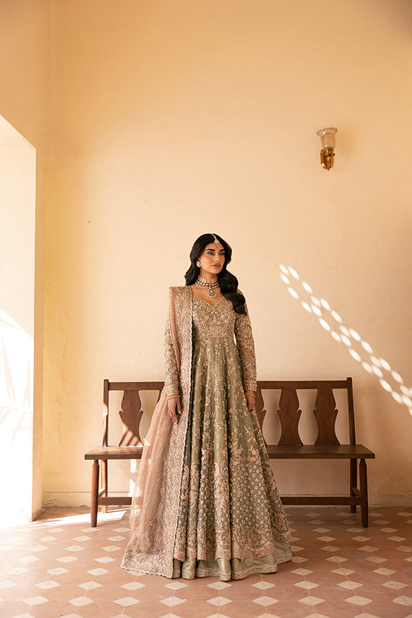 Pakistani Sage Green Embroidered Net Silk Farshi Lehenga (3-Piece) - Image 10