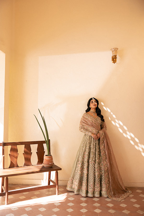 Pakistani Sage Green Embroidered Net Silk Farshi Lehenga (3-Piece) - Image 2