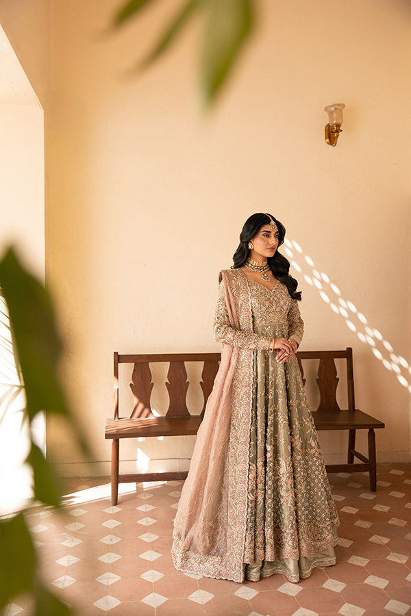 Pakistani Sage Green Embroidered Net Silk Farshi Lehenga (3-Piece) - Image 3