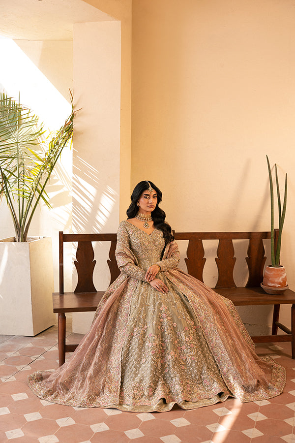Pakistani Sage Green Embroidered Net Silk Farshi Lehenga (3-Piece) - Image 4