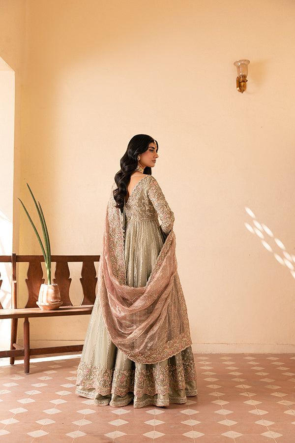 Pakistani Sage Green Embroidered Net Silk Farshi Lehenga (3-Piece) - Image 5