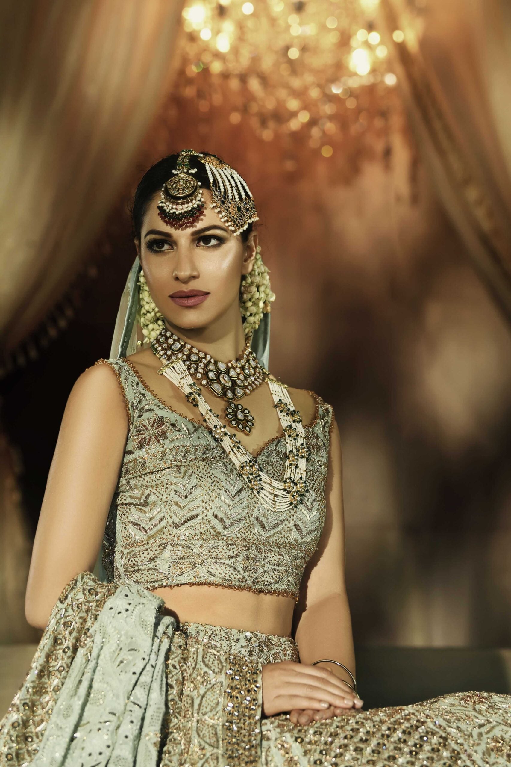 Mint Green Embroidered Net Bridal Lehenga (3-Piece) - Image 1