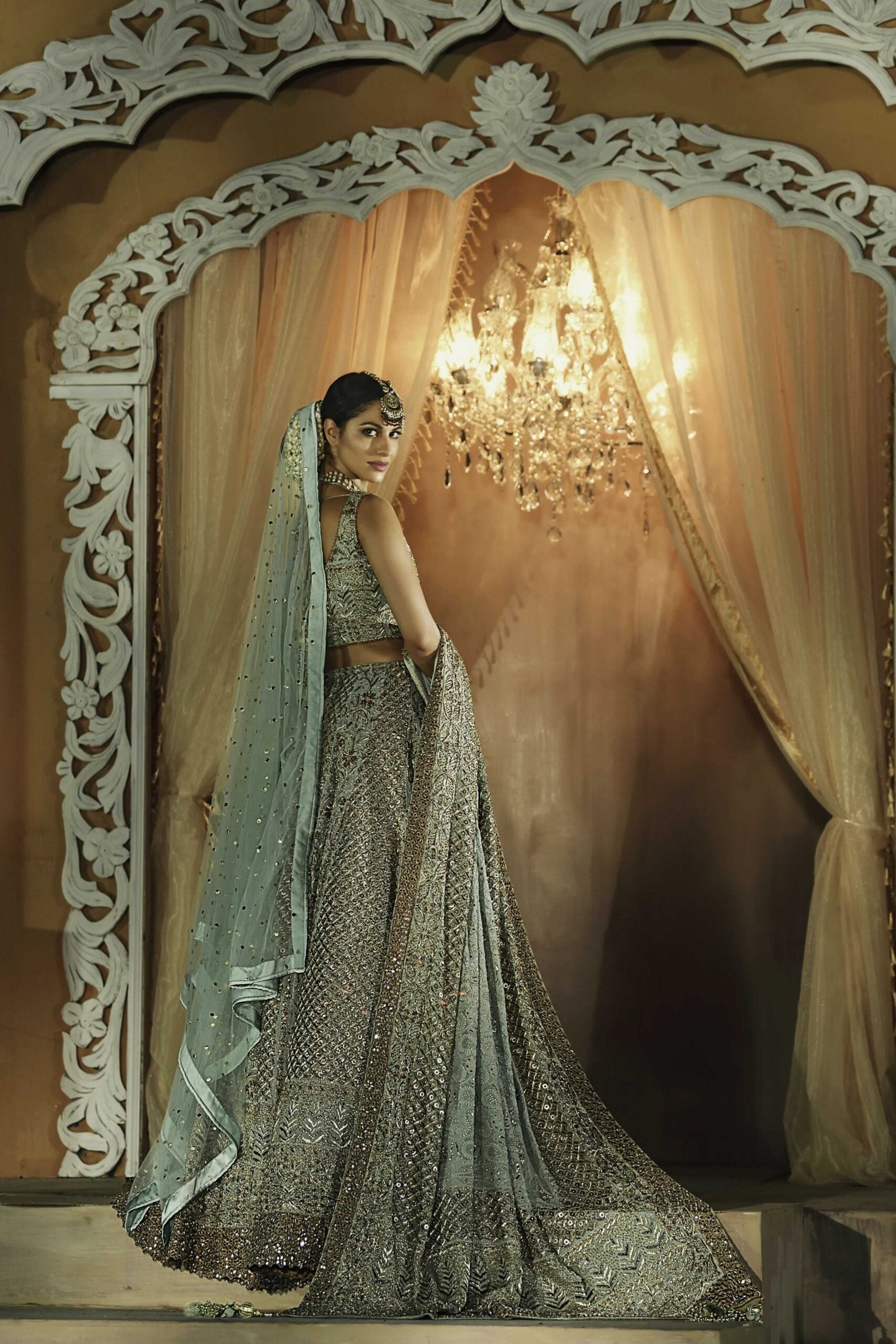 Mint Green Embroidered Net Bridal Lehenga (3-Piece) - Image 2