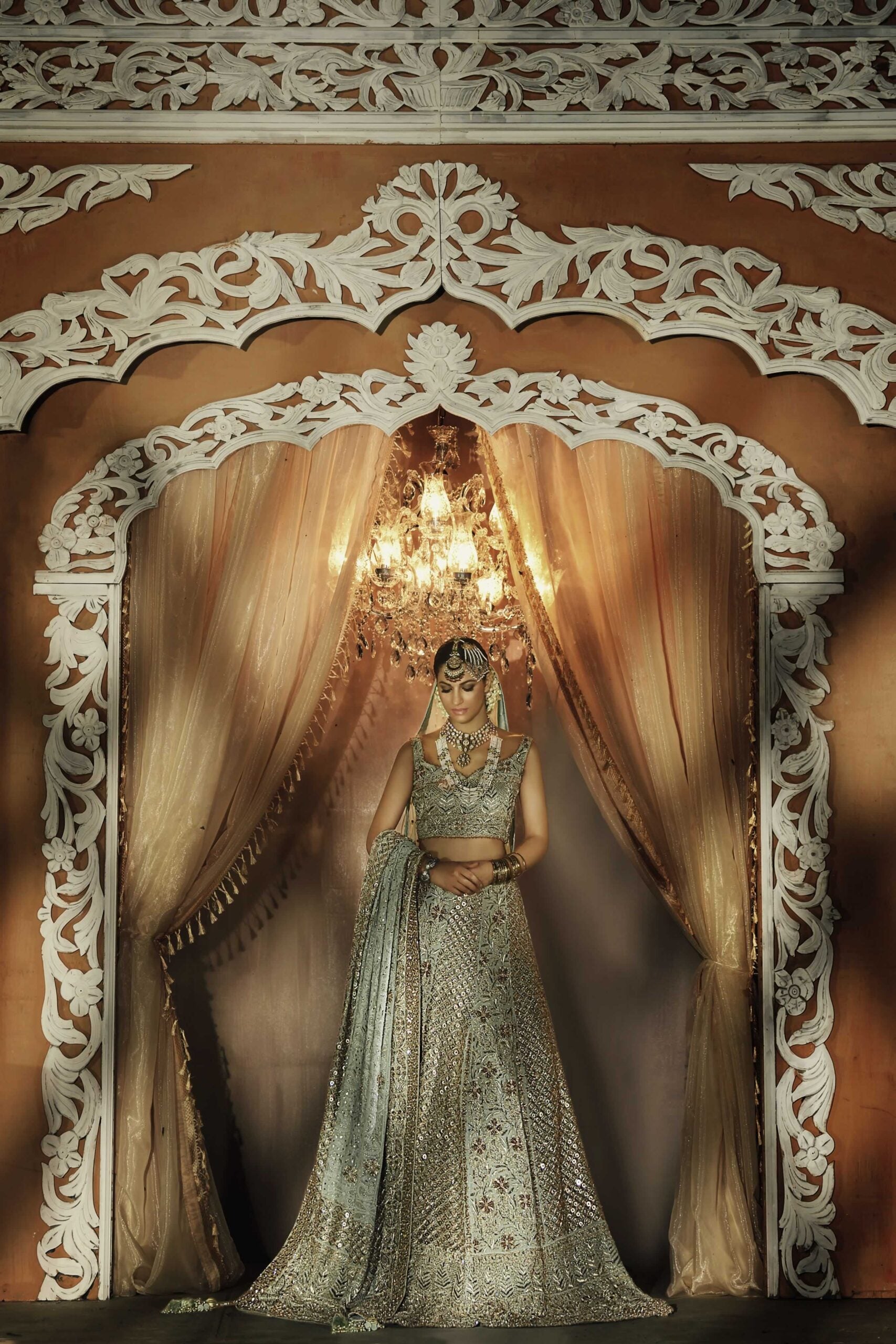 Mint Green Embroidered Net Bridal Lehenga (3-Piece) - Image 3