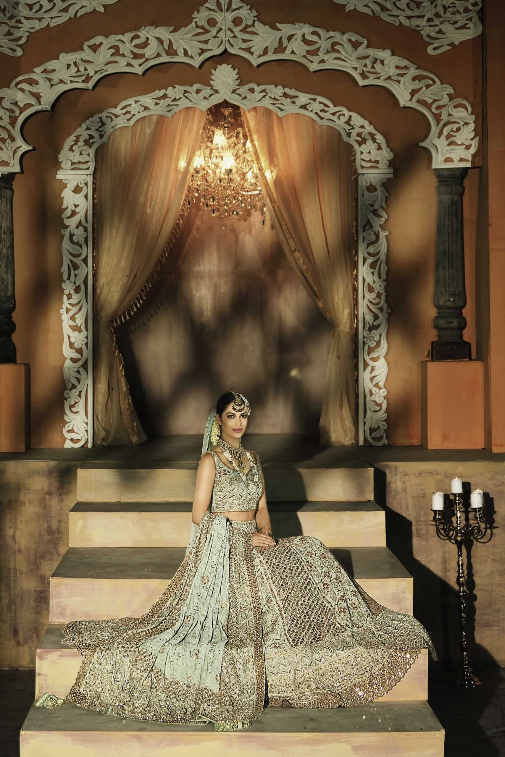 Mint Green Embroidered Net Bridal Lehenga (3-Piece) - Image 4