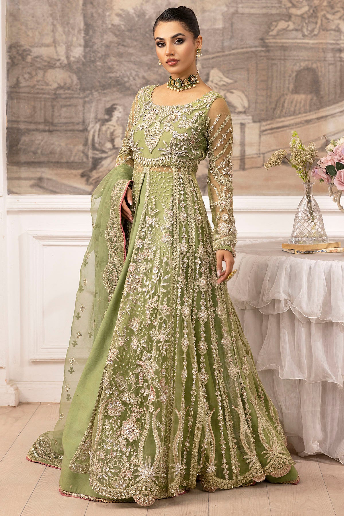 Green Hand-Embellished Silk Net Bridal Lehenga (3-Piece) - Image 2
