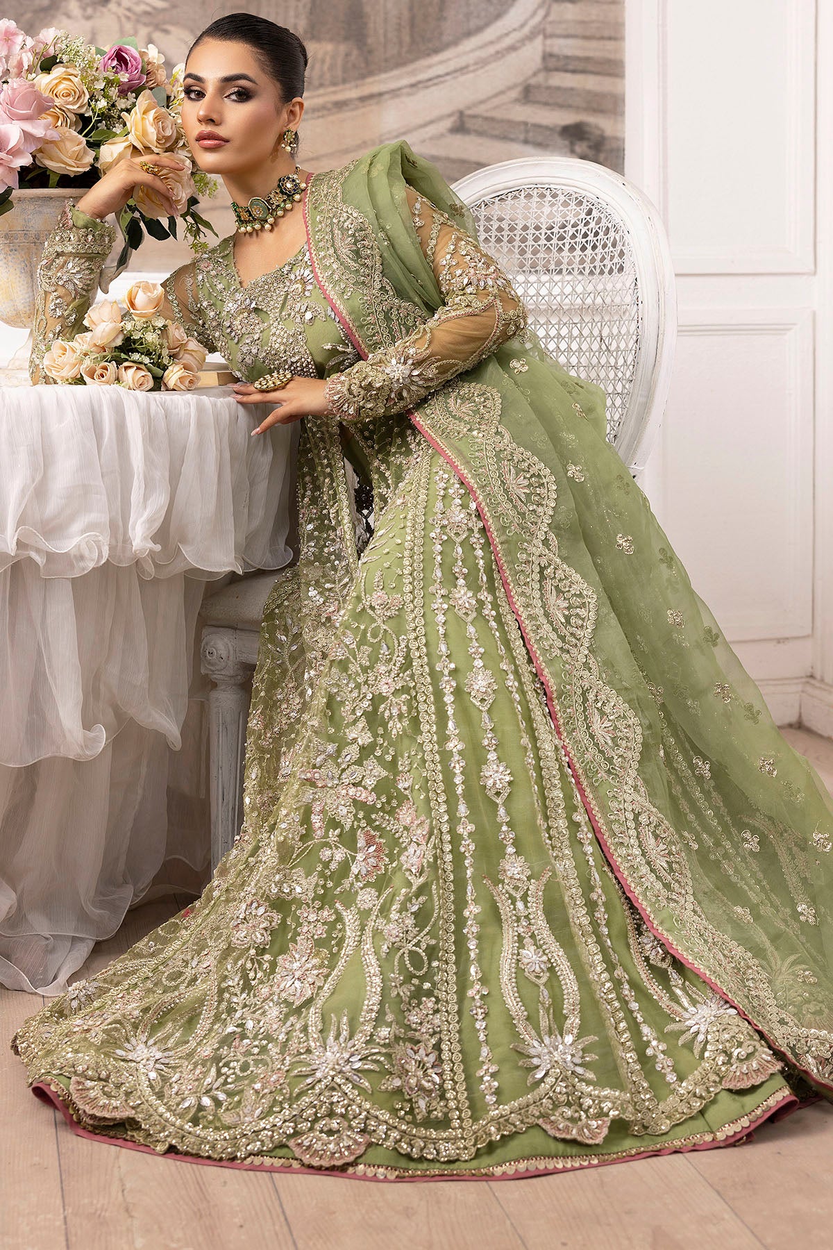 Green Hand-Embellished Silk Net Bridal Lehenga (3-Piece) - Image 4