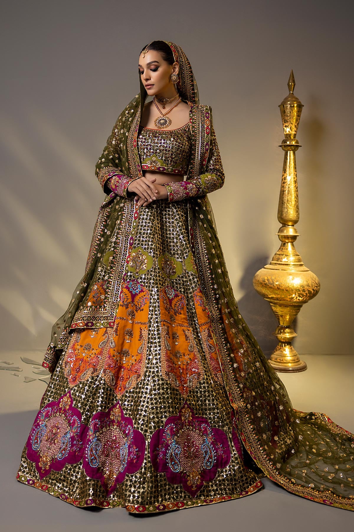Pakistani Olive Green Hand Zardozi Silk-Net Lehenga Choli (3-Piece) - Image 1