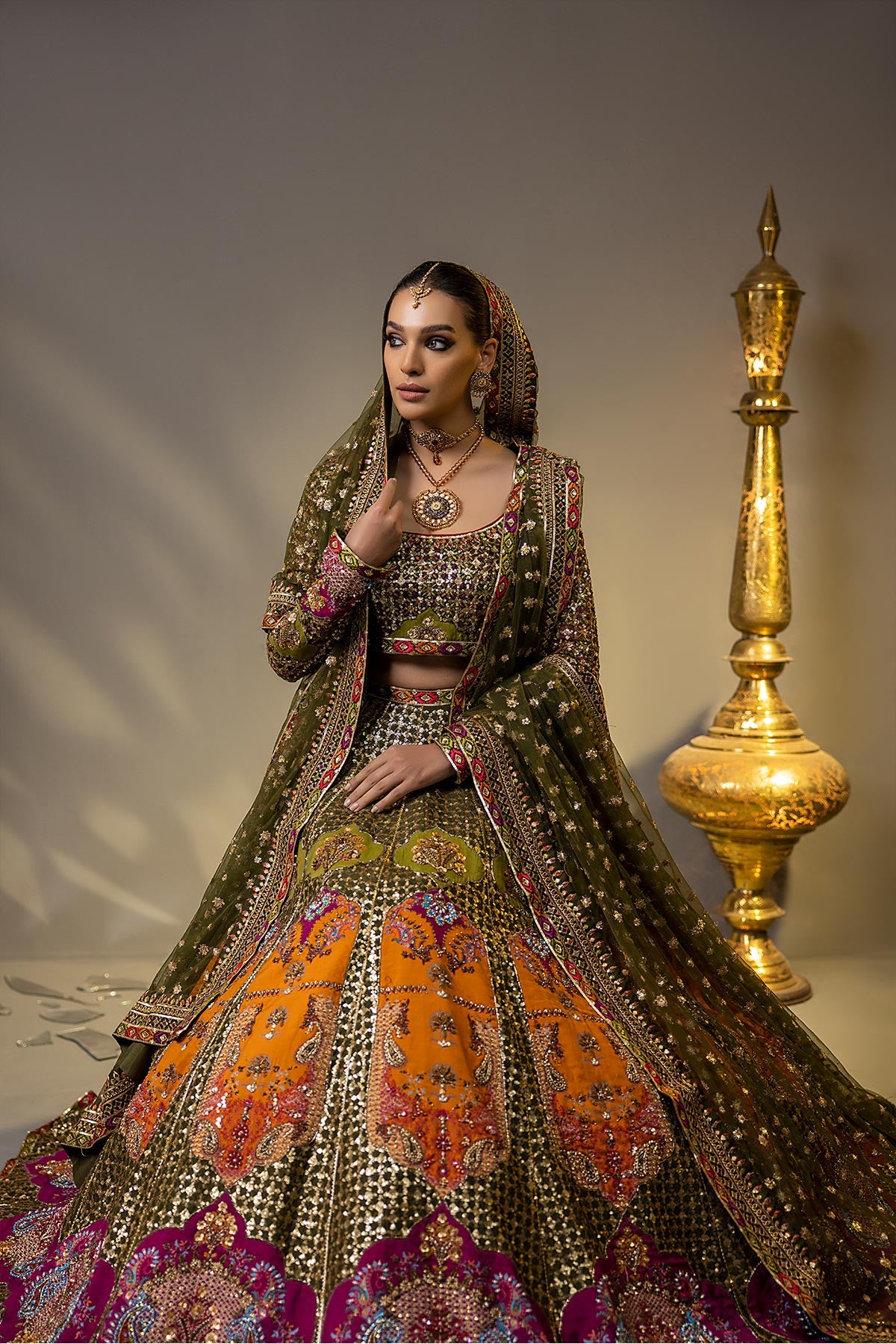 Pakistani Olive Green Hand Zardozi Silk-Net Lehenga Choli (3-Piece) - Image 2