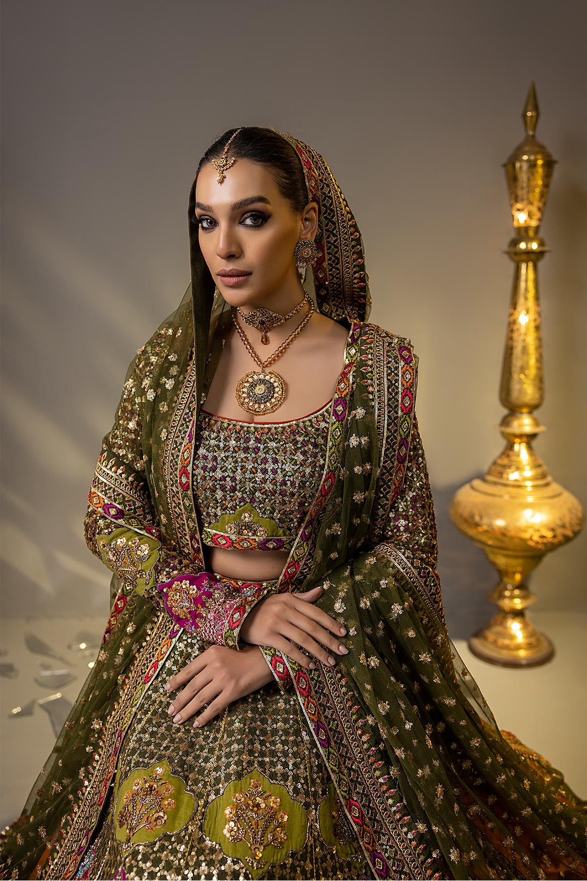 Pakistani Olive Green Hand Zardozi Silk-Net Lehenga Choli (3-Piece) - Image 3