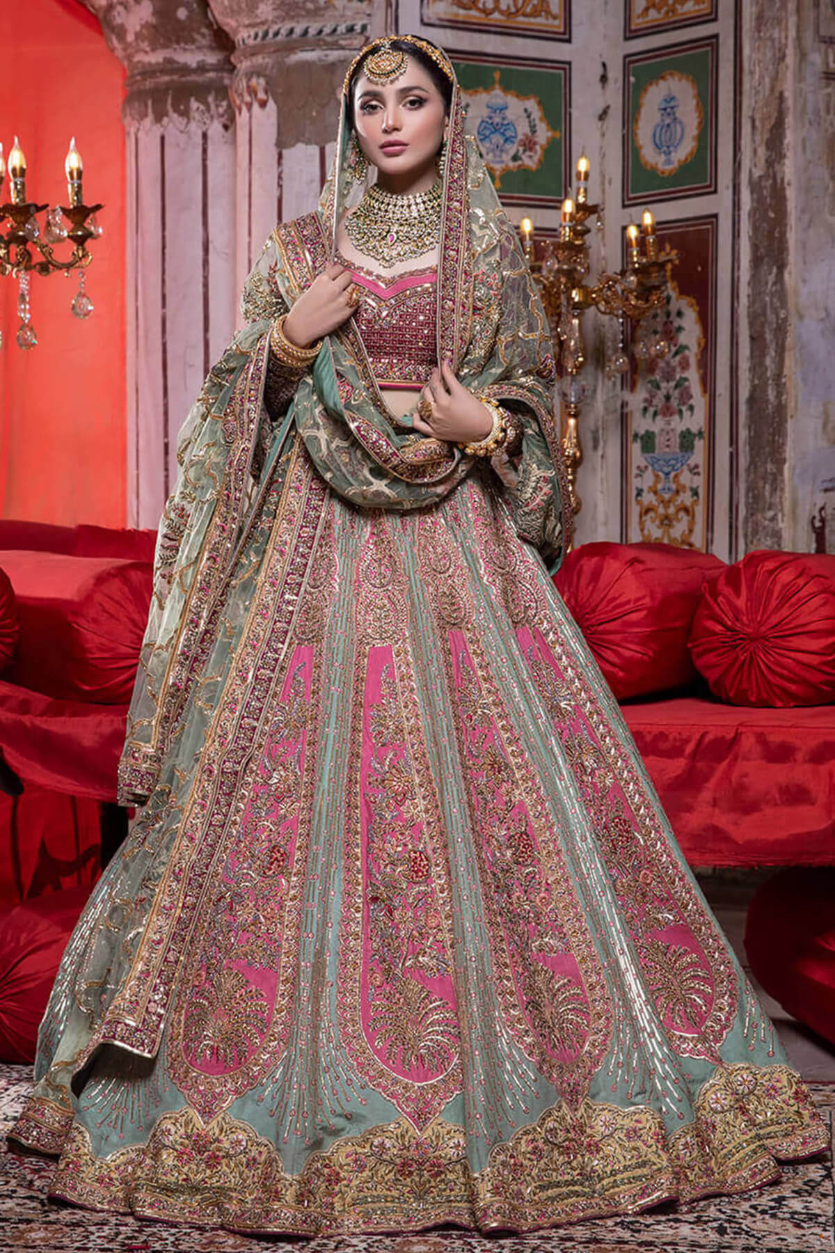 Sage Green & Deep Pink Embroidered Silk-Net Lehenga (4-Piece) - Image 1