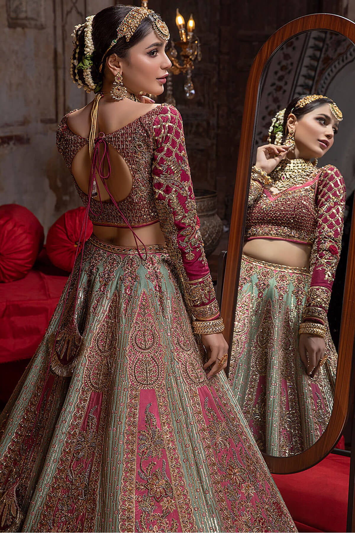 Sage Green & Deep Pink Embroidered Silk-Net Lehenga (4-Piece) - Image 3