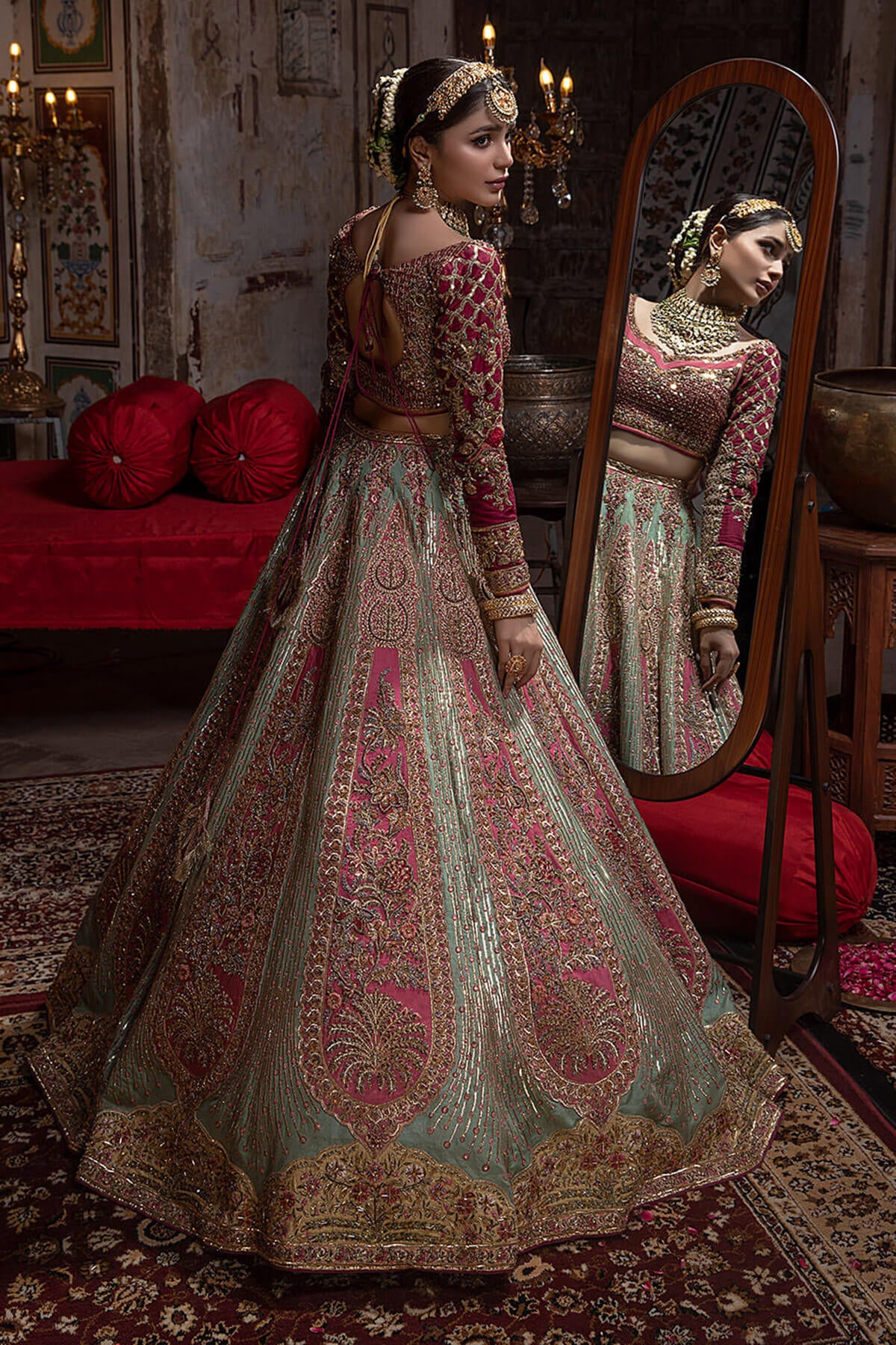 Sage Green & Deep Pink Embroidered Silk-Net Lehenga (4-Piece) - Image 4