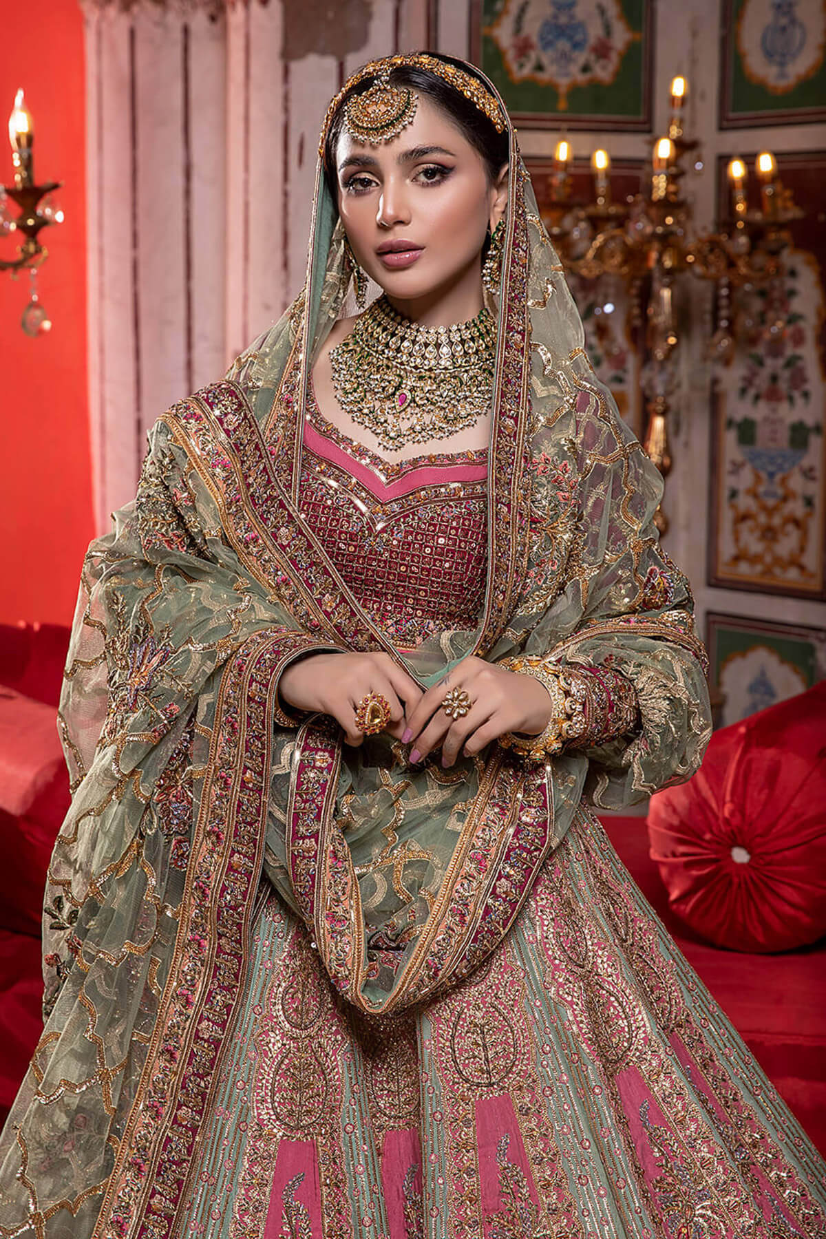 Sage Green & Deep Pink Embroidered Silk-Net Lehenga (4-Piece) - Image 5