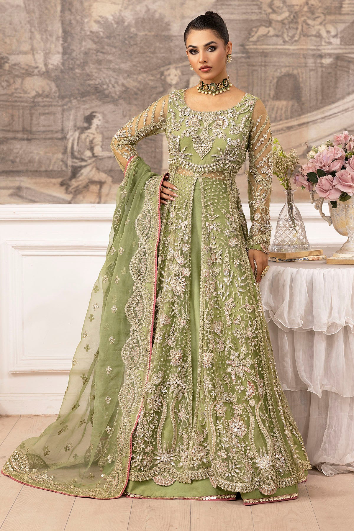 Pakistani Green Hand-Embellished Silk Net Bridal Lehenga (3-Piece) - Image 1