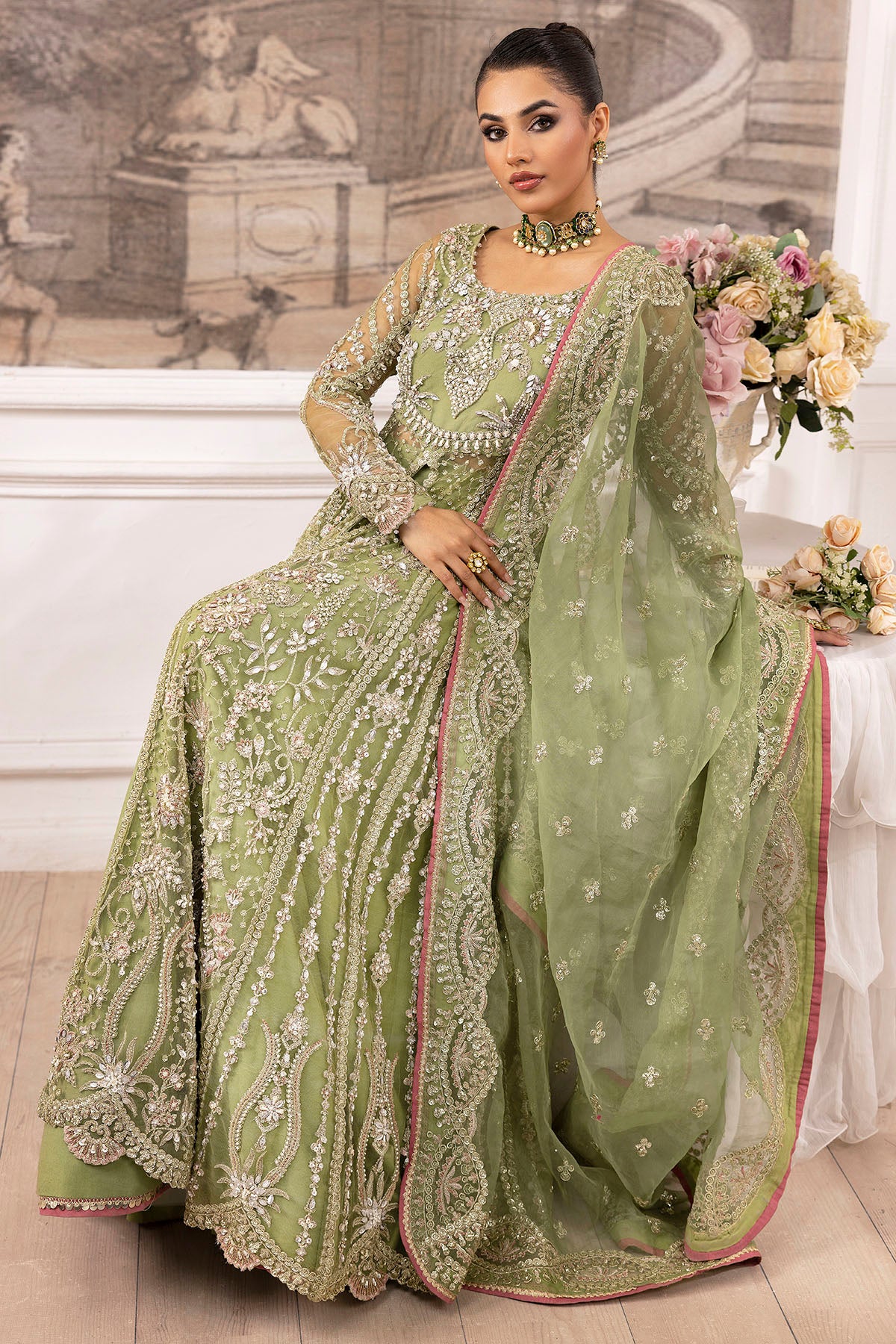 Pakistani Green Hand-Embellished Silk Net Bridal Lehenga (3-Piece) - Image 4