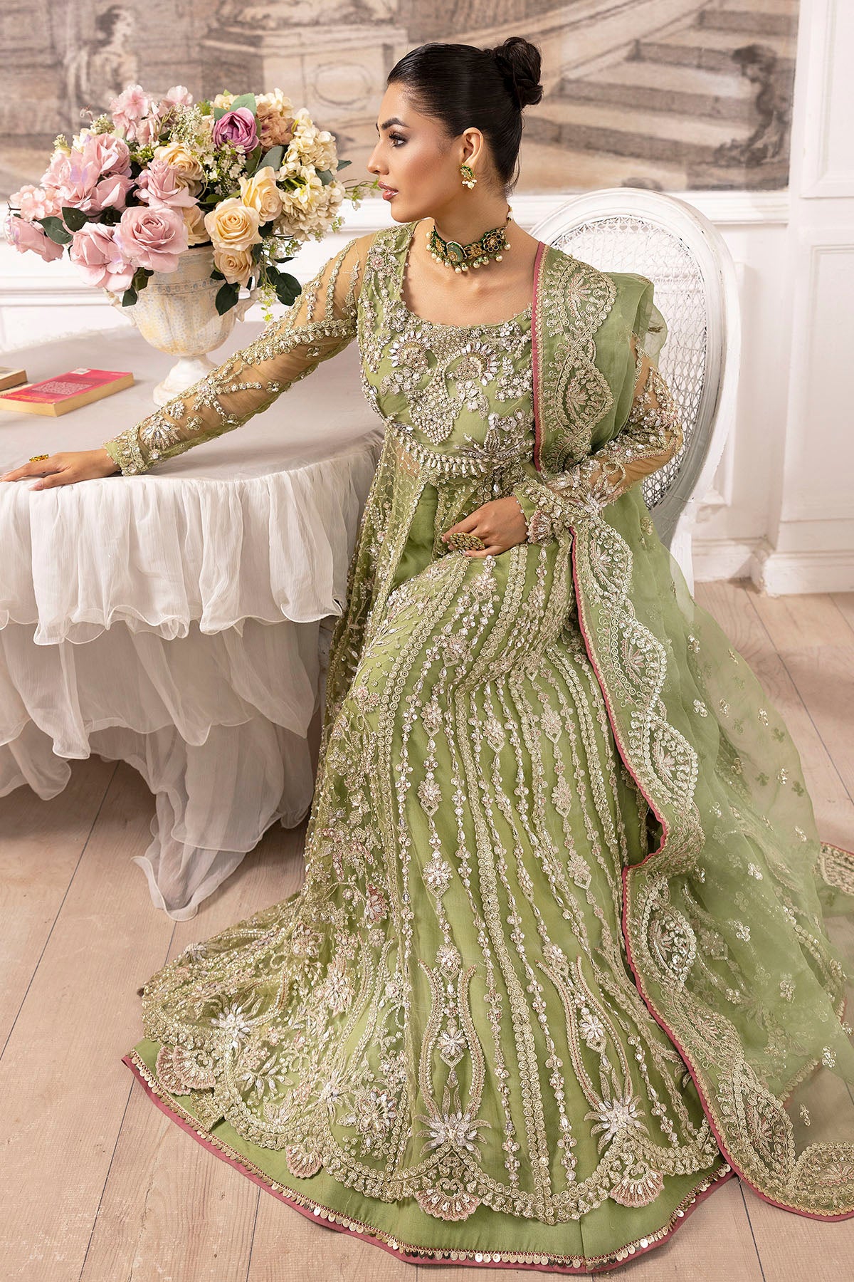 Pakistani Green Hand-Embellished Silk Net Bridal Lehenga (3-Piece) - Image 5