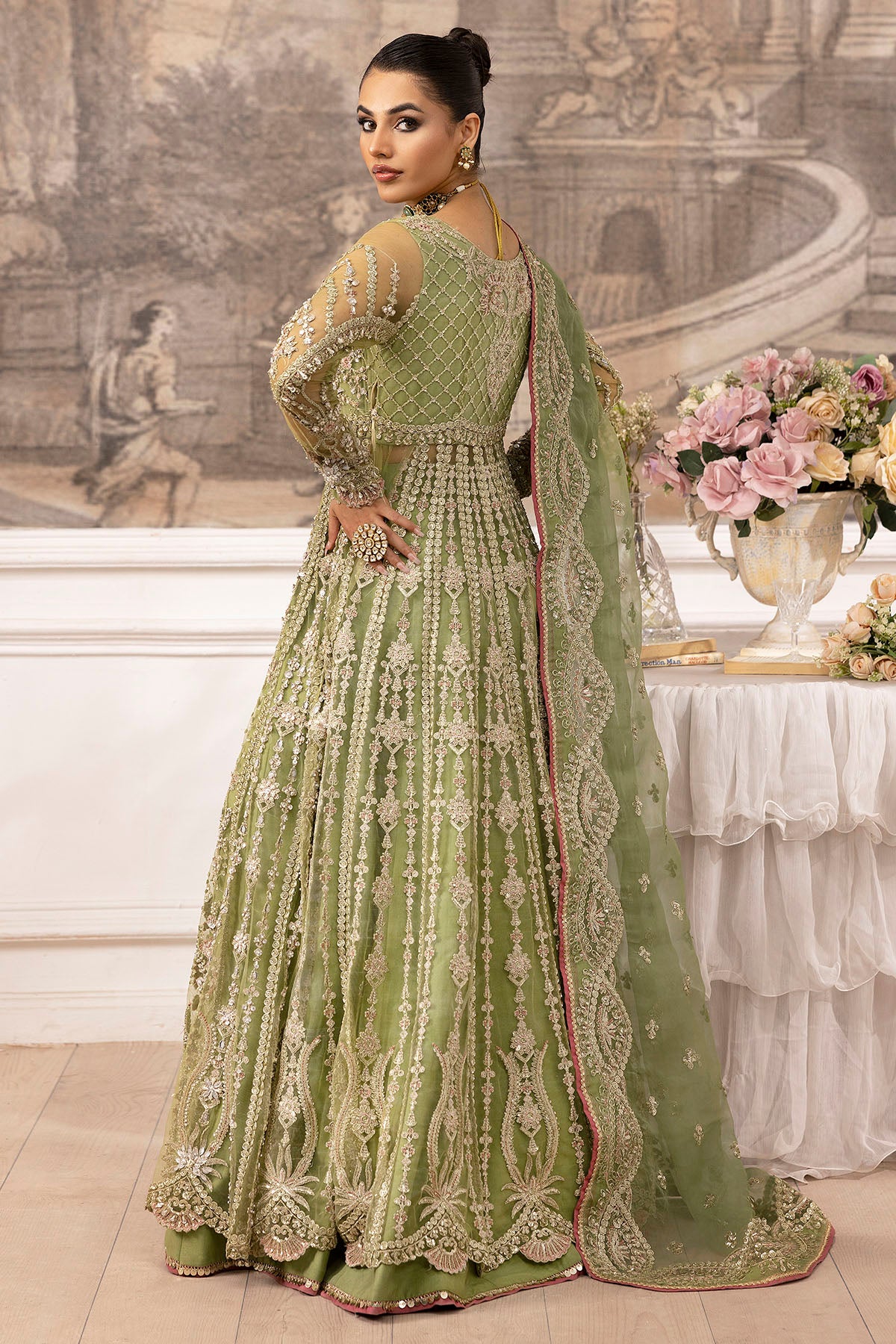 Pakistani Green Hand-Embellished Silk Net Bridal Lehenga (3-Piece) - Image 6