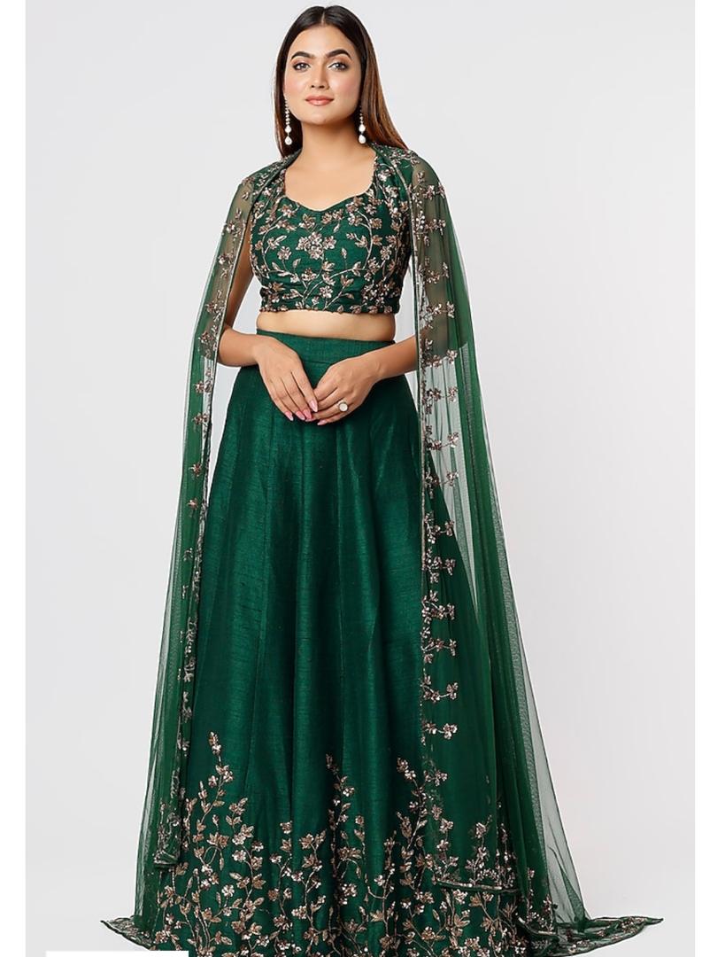 Indian Bottle Green Sequin Embroidered Silk & Net Lehenga (3-Piece) - Image 1