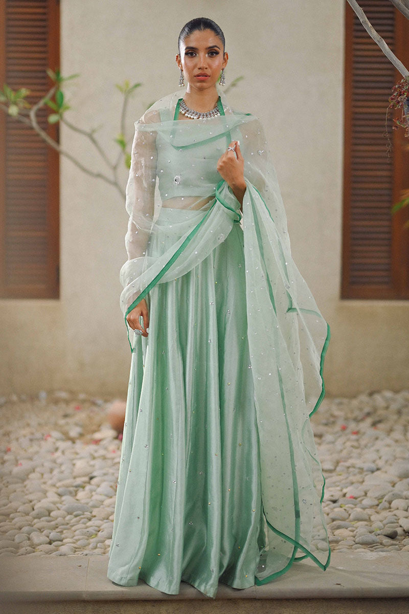 Pakistani Mint Green Sequin Silk & Organza Lehenga Choli (3-Piece) - Image 1