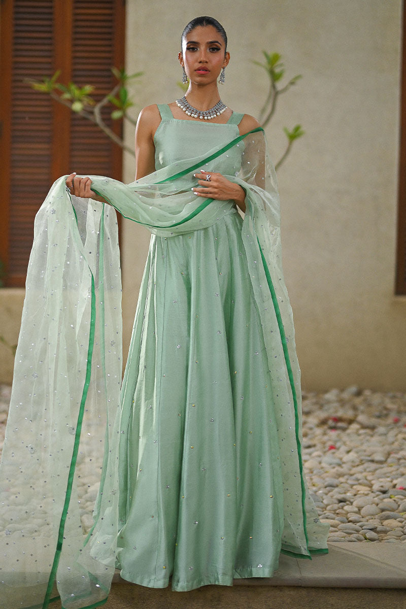 Pakistani Mint Green Sequin Silk & Organza Lehenga Choli (3-Piece) - Image 3
