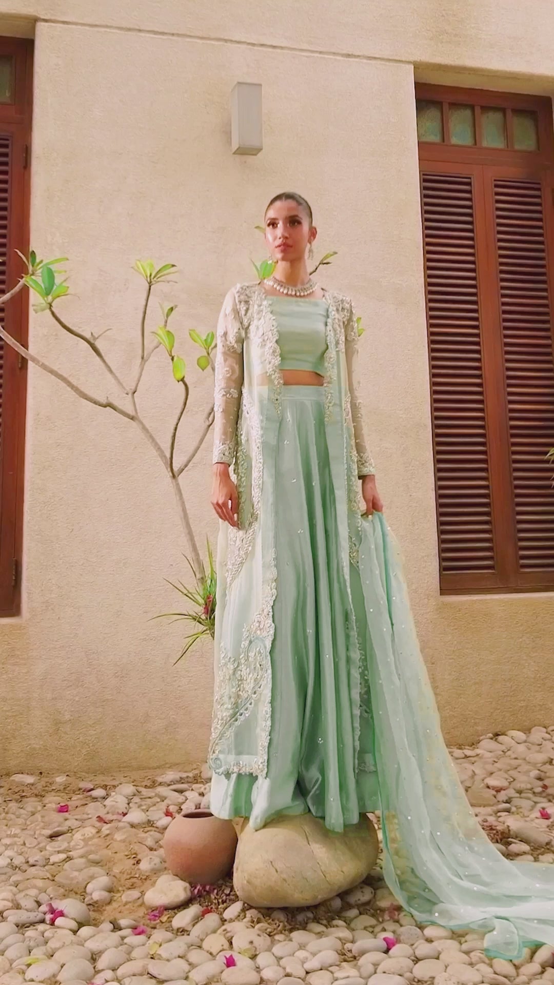 Pakistani Mint Green Sequin Silk & Organza Lehenga Choli (3-Piece) - Image 6