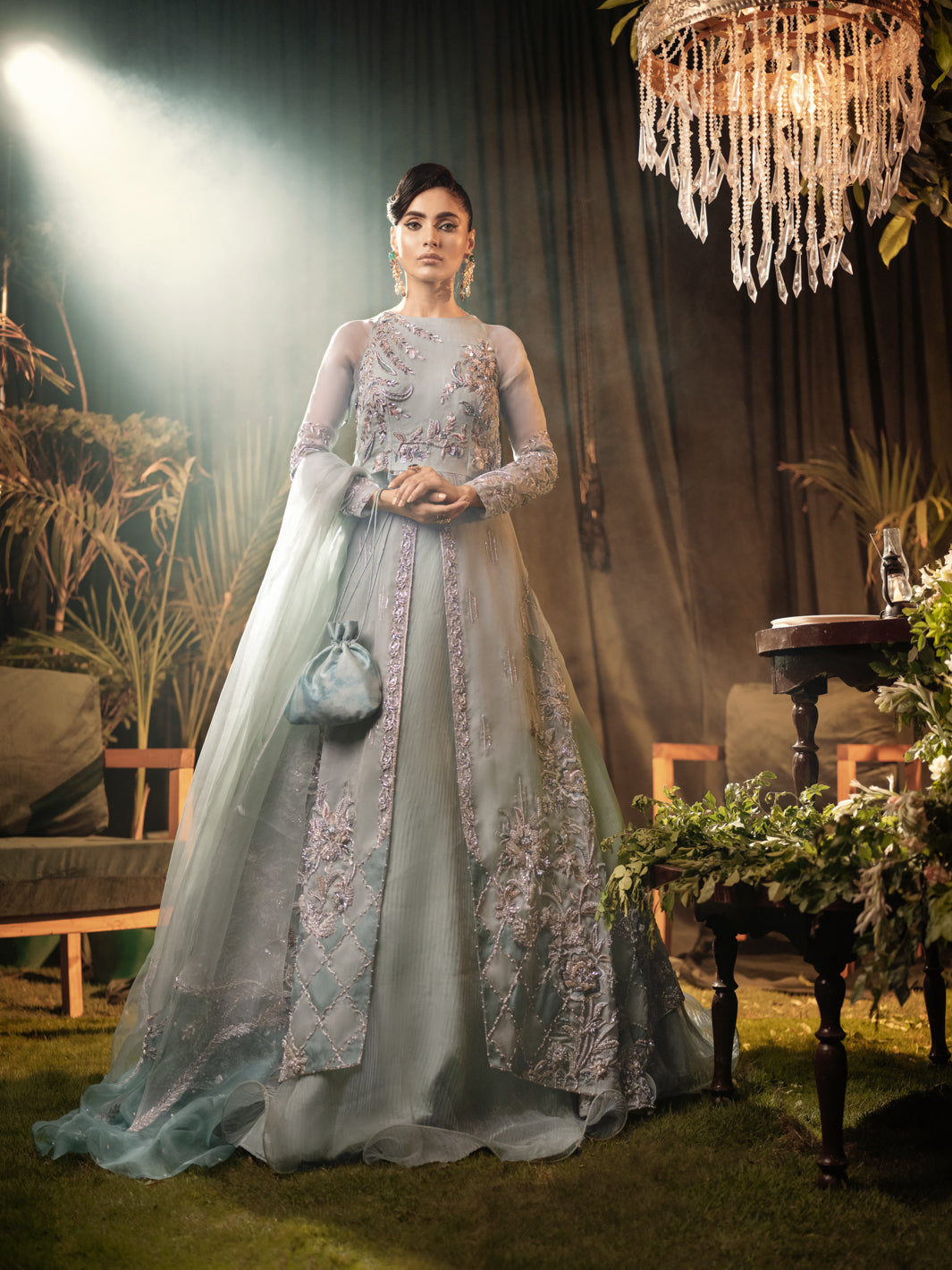 Pakistani Pastel Green Embroidered Silk Organza Lehenga Gown (3-Piece) - Image 1