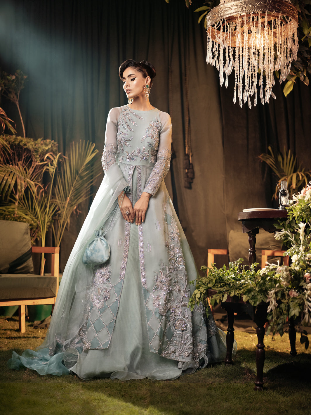 Pakistani Pastel Green Embroidered Silk Organza Lehenga Gown (3-Piece) - Image 2