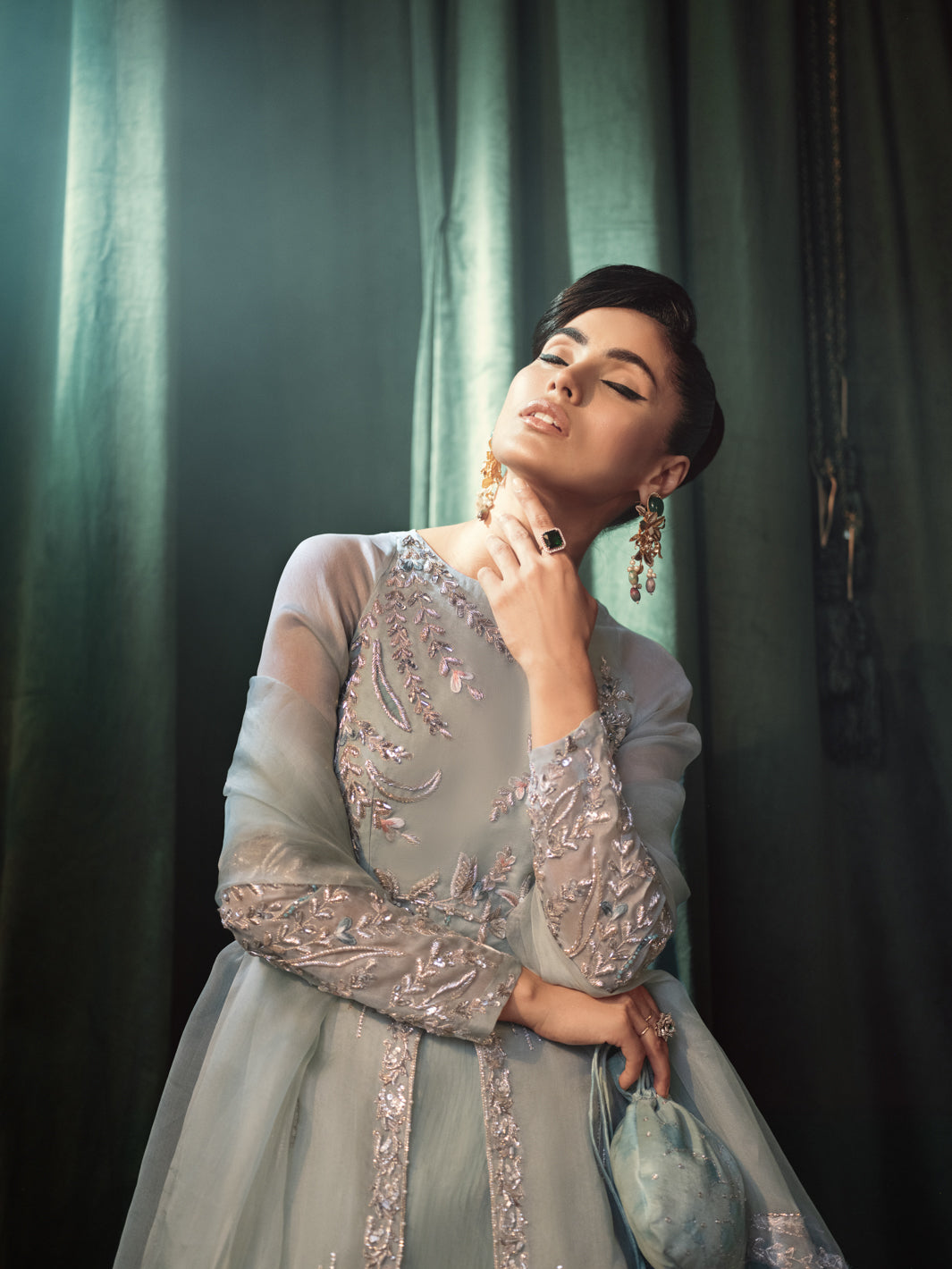 Pakistani Pastel Green Embroidered Silk Organza Lehenga Gown (3-Piece) - Image 4