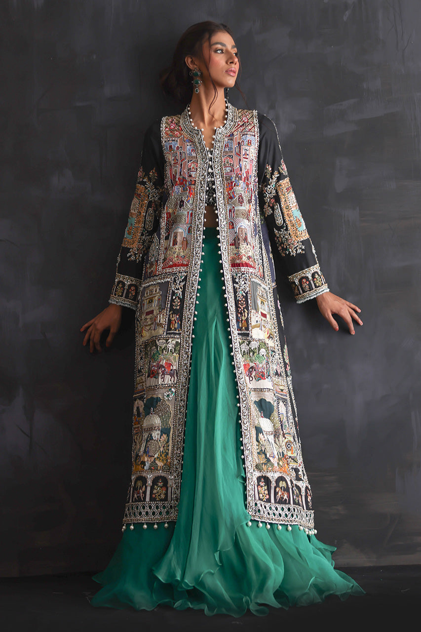 Pakistani Castletone Green Zardozi Silk & Organza Lehenga (3-Piece) - Image 1