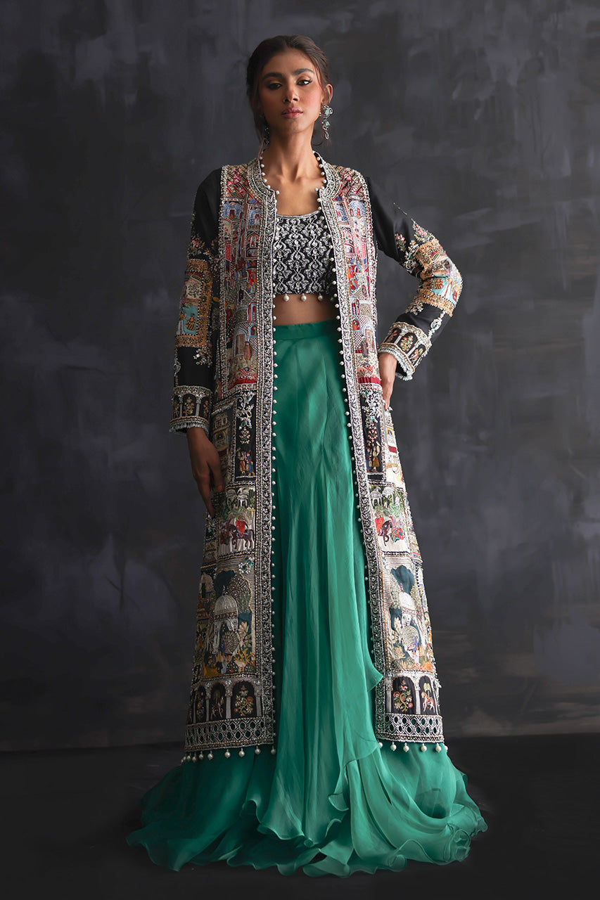 Pakistani Castletone Green Zardozi Silk & Organza Lehenga (3-Piece) - Image 3