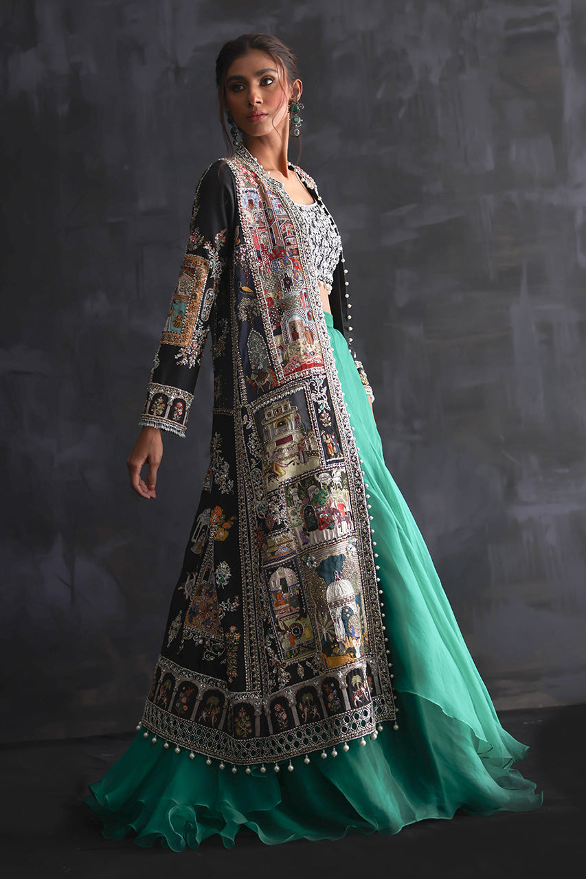Pakistani Castletone Green Zardozi Silk & Organza Lehenga (3-Piece) - Image 4