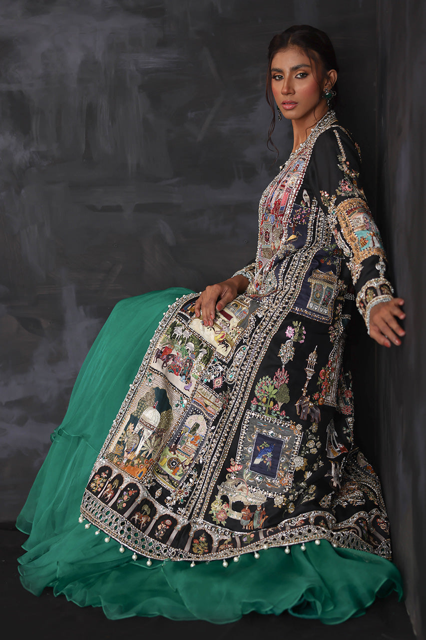 Pakistani Castletone Green Zardozi Silk & Organza Lehenga (3-Piece) - Image 5