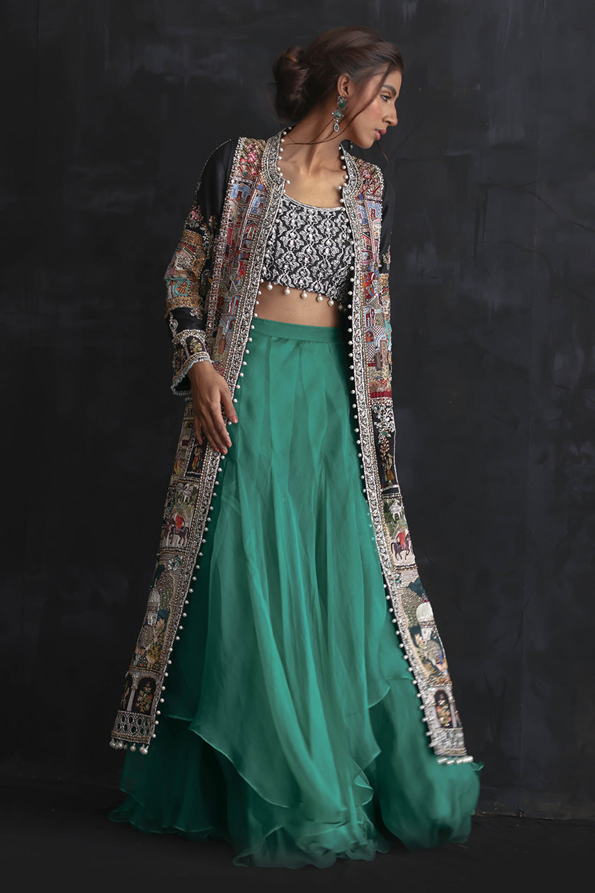 Pakistani Castletone Green Zardozi Silk & Organza Lehenga (3-Piece) - Image 6