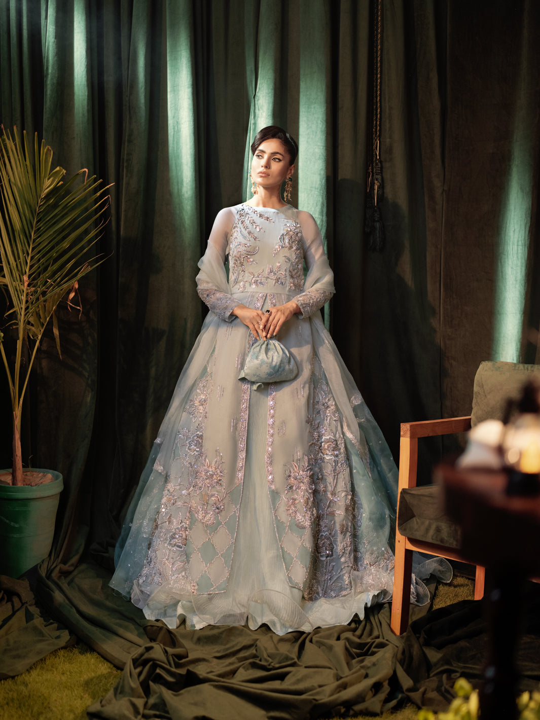 Pakistani Pastel Green Embroidered Silk Organza Lehenga (3-Piece) - Image 3