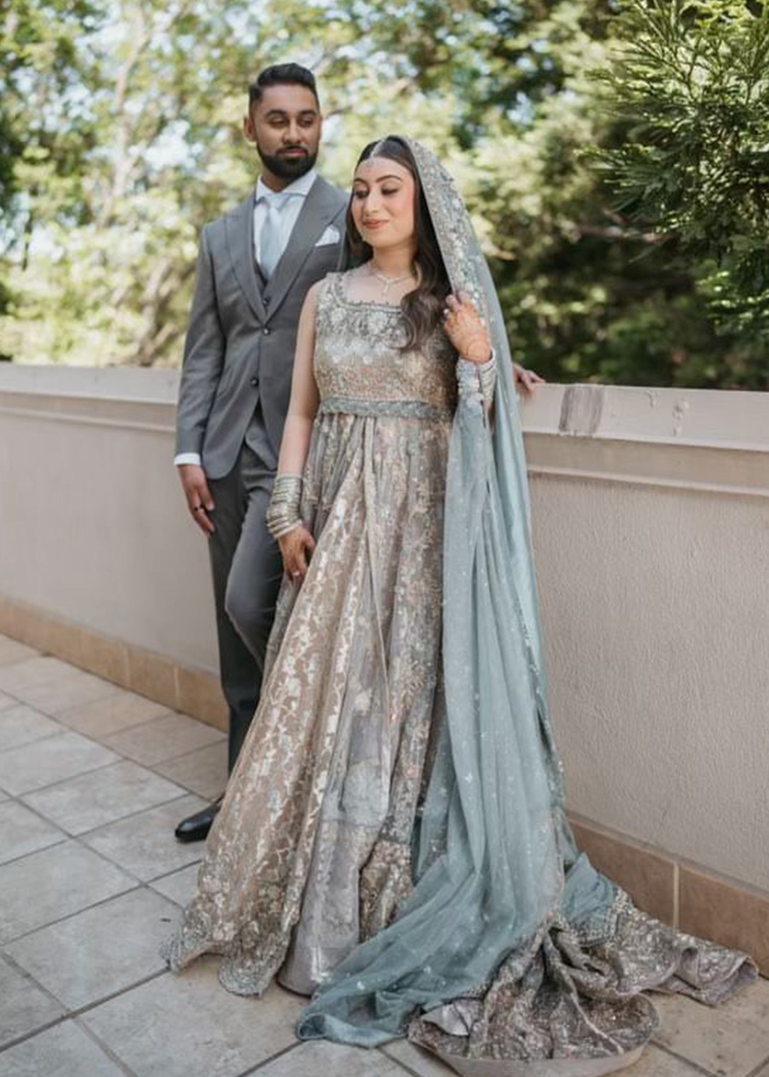 Dusty Mint Silver Embellished Silk Bridal Lehenga (3-Piece) - Image 1