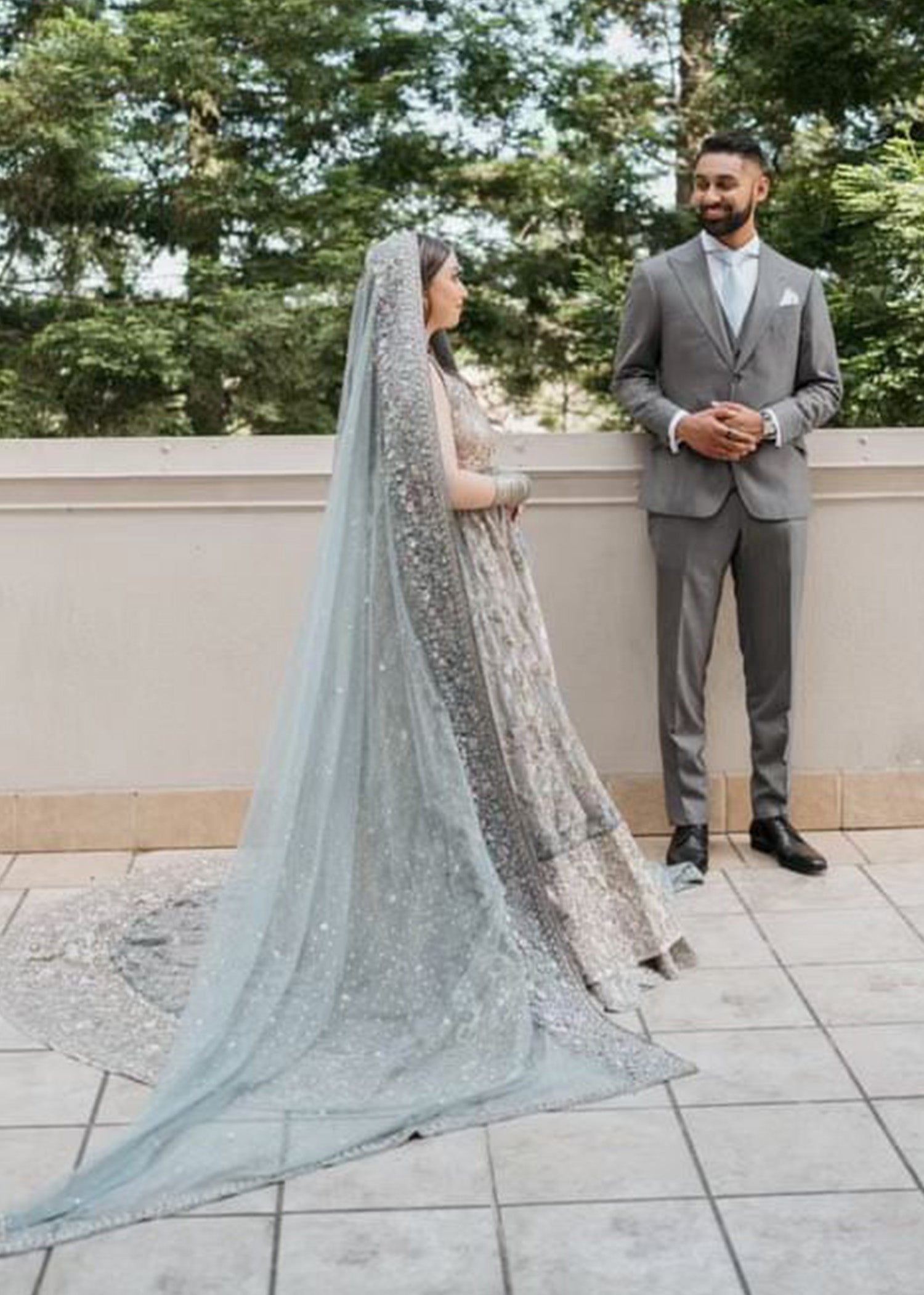 Dusty Mint Silver Embellished Silk Bridal Lehenga (3-Piece) - Image 2