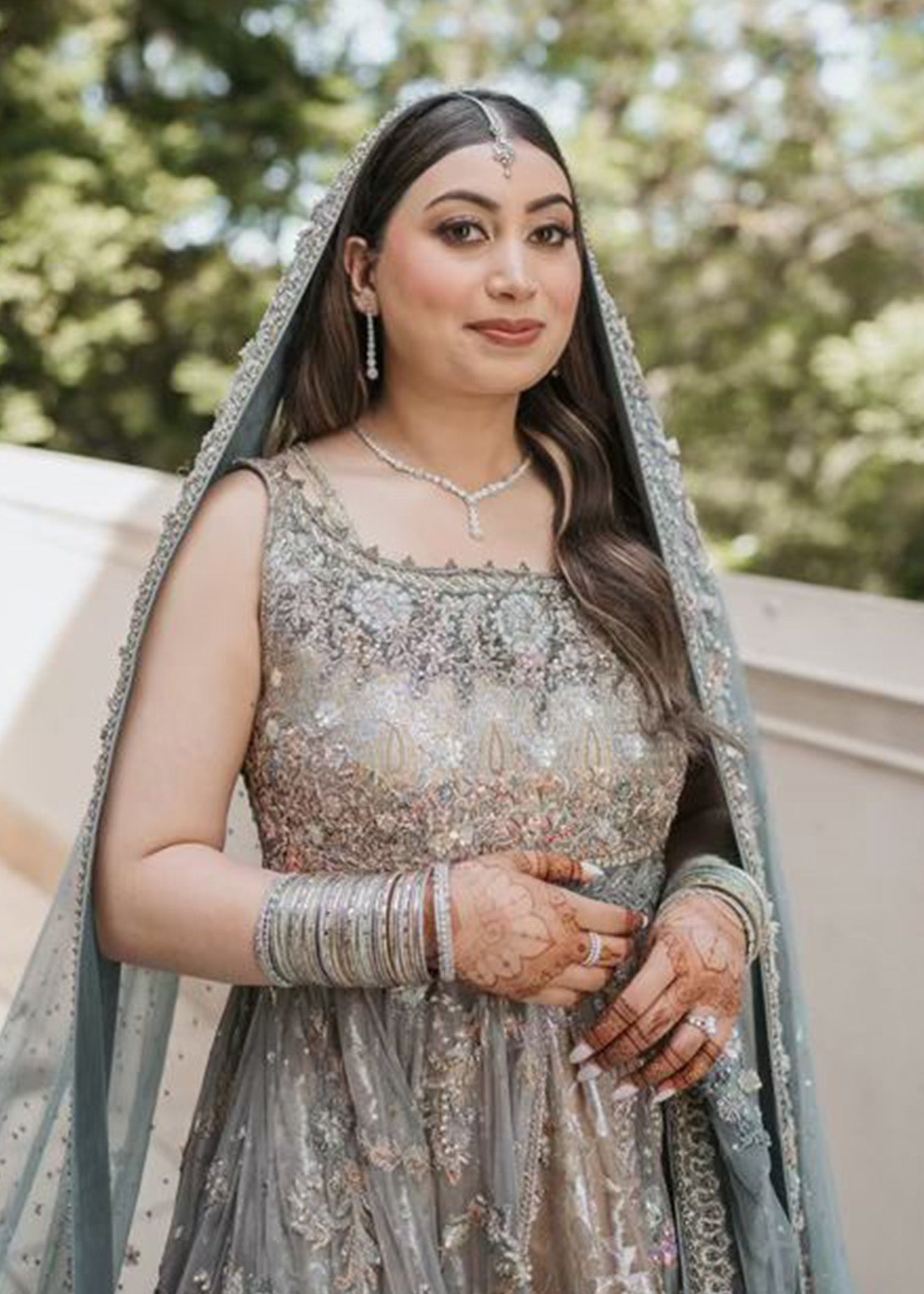 Dusty Mint Silver Embellished Silk Bridal Lehenga (3-Piece) - Image 3