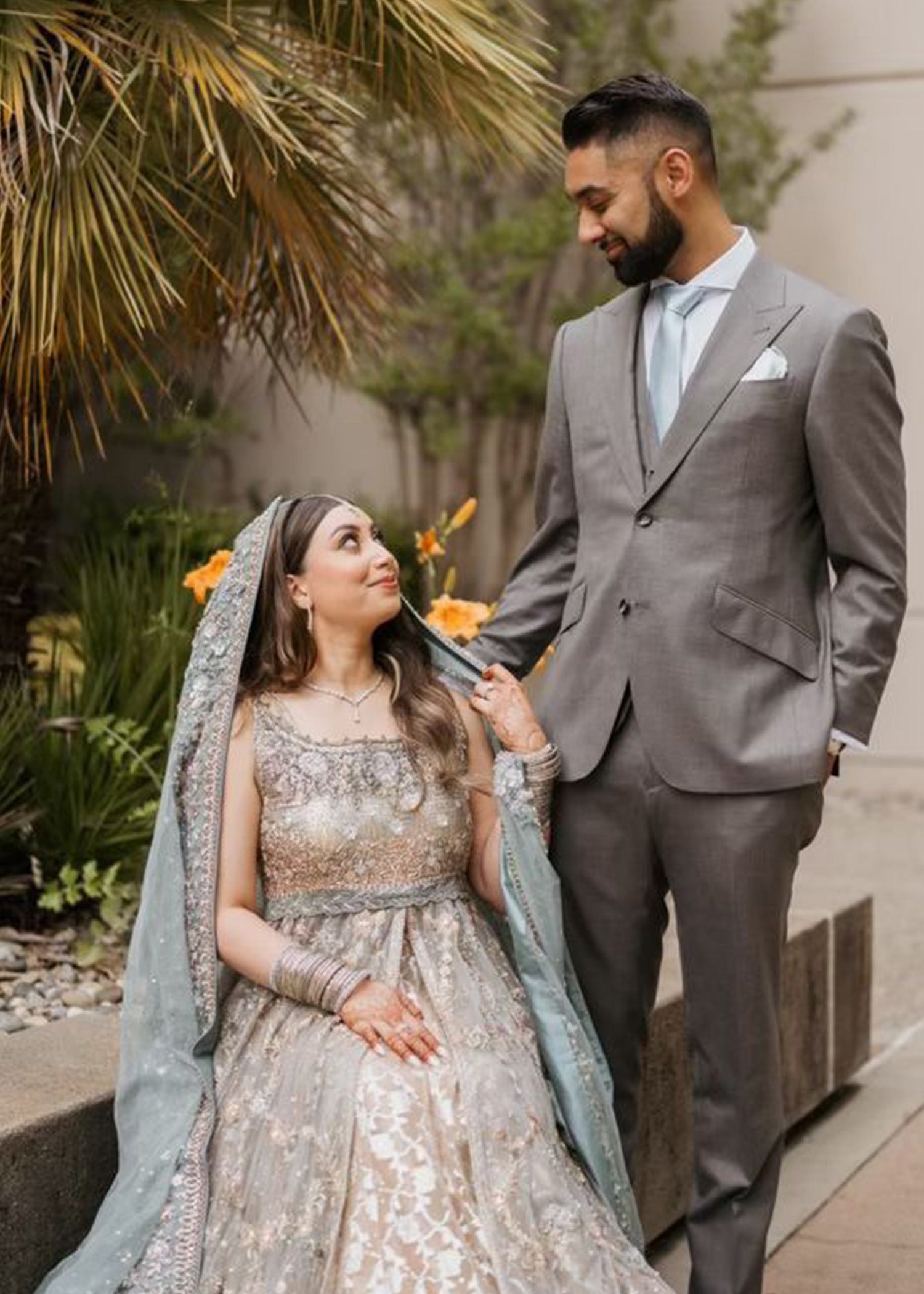 Dusty Mint Silver Embellished Silk Bridal Lehenga (3-Piece) - Image 4