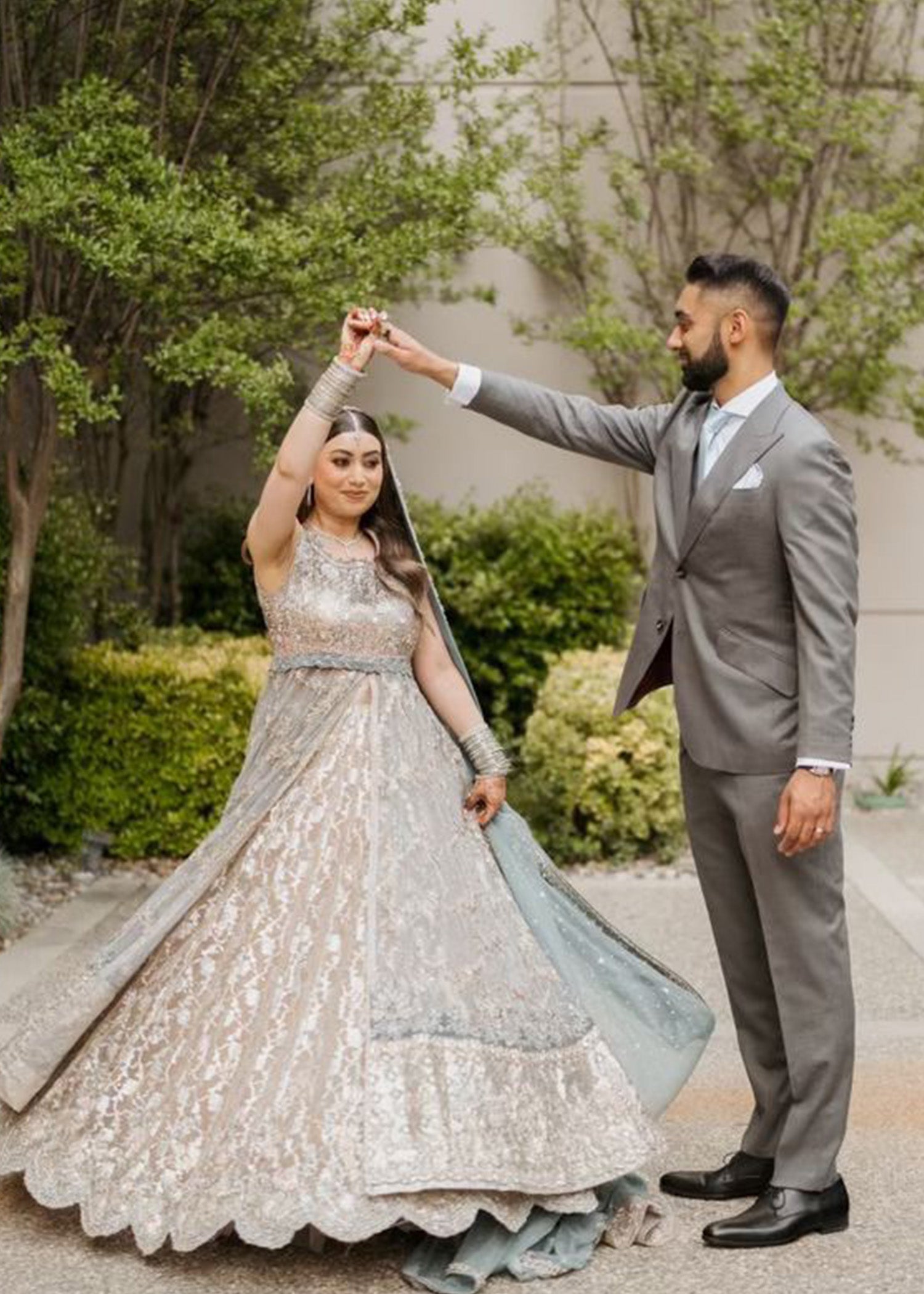 Dusty Mint Silver Embellished Silk Bridal Lehenga (3-Piece) - Image 5