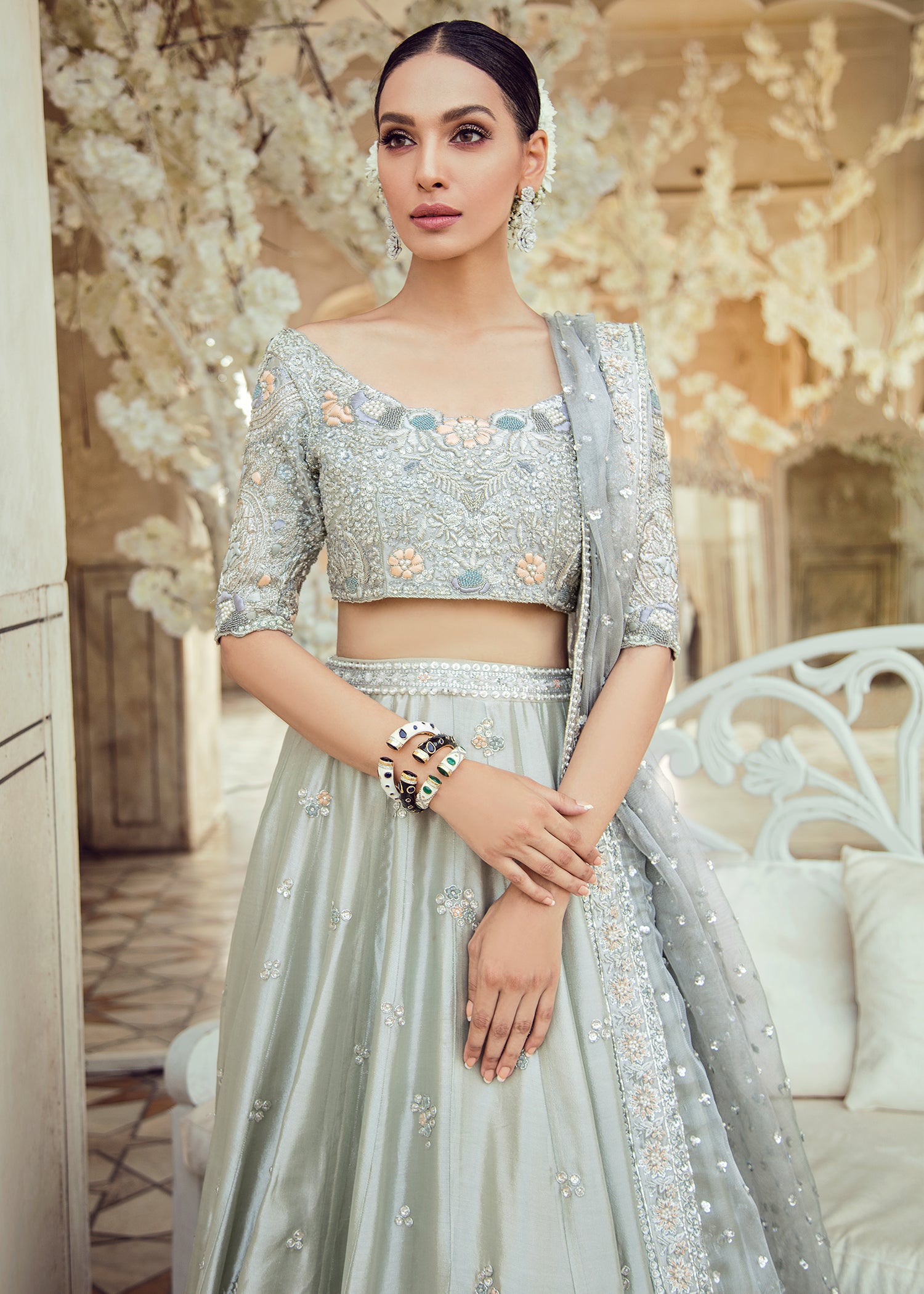 Pakistani Pistachio Grey Embellished Silk Lehenga Choli (3-Piece) - Image 1