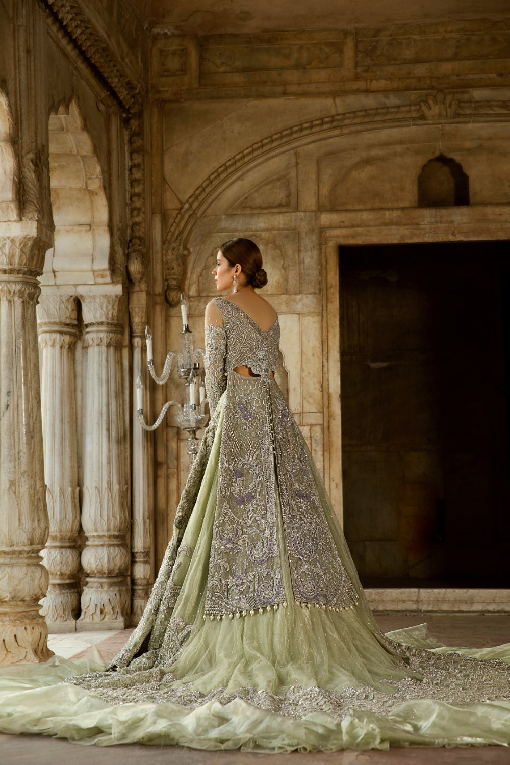 Pakistani Mint Green Embellished Silk Bridal Lehenga (3-Piece) - Image 3