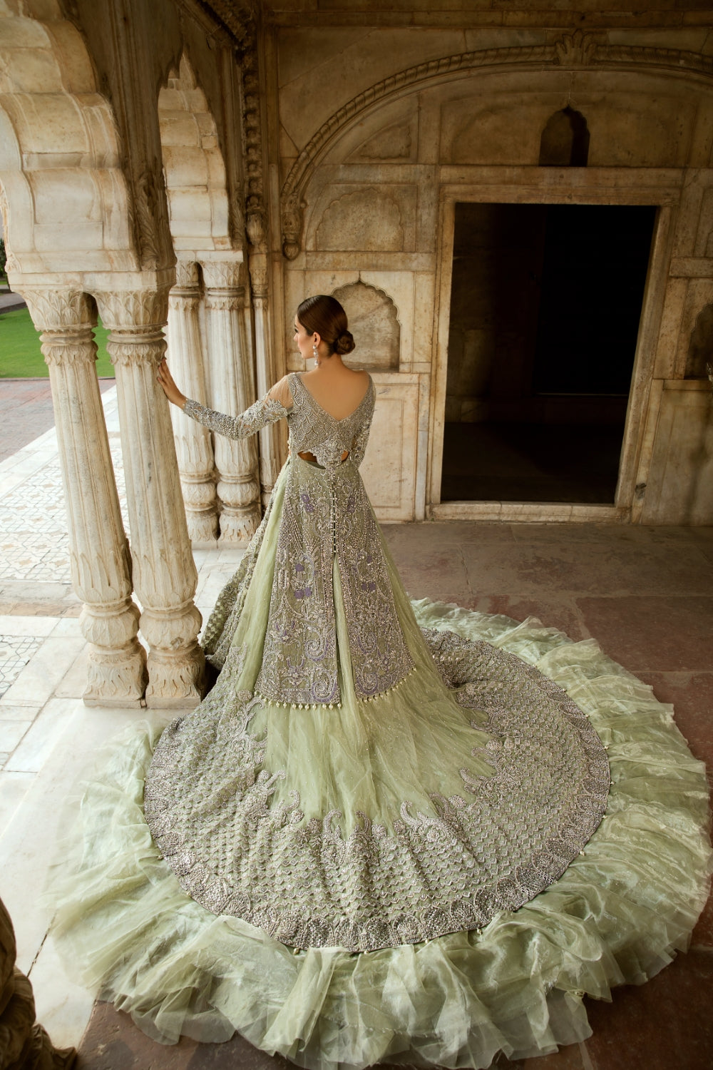 Pakistani Mint Green Embellished Silk Bridal Lehenga (3-Piece) - Image 5