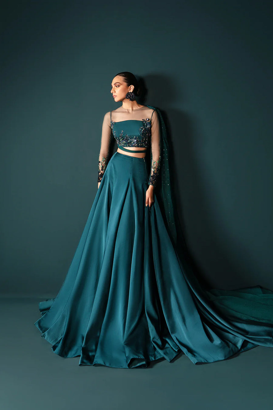 Sea Green Swarovski Net & Silk Lehenga Choli (3-Piece) - Image 1
