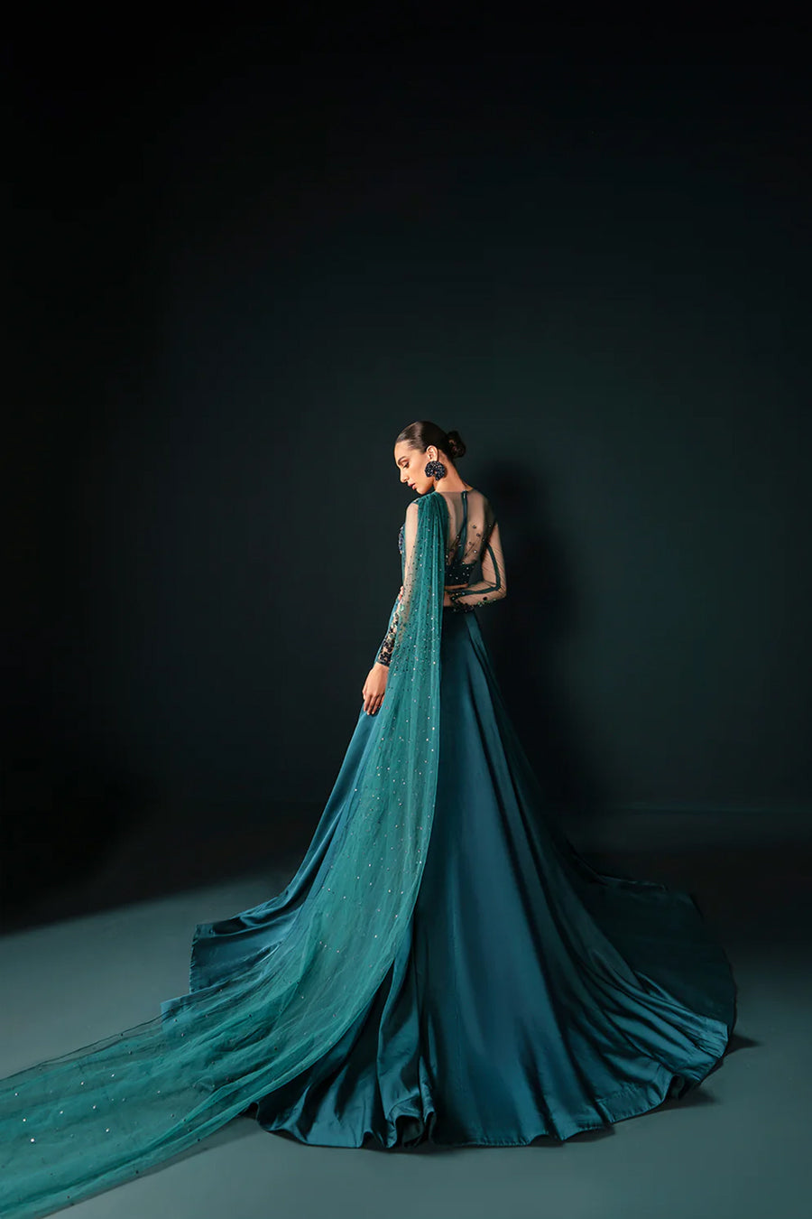 Sea Green Swarovski Net & Silk Lehenga Choli (3-Piece) - Image 3