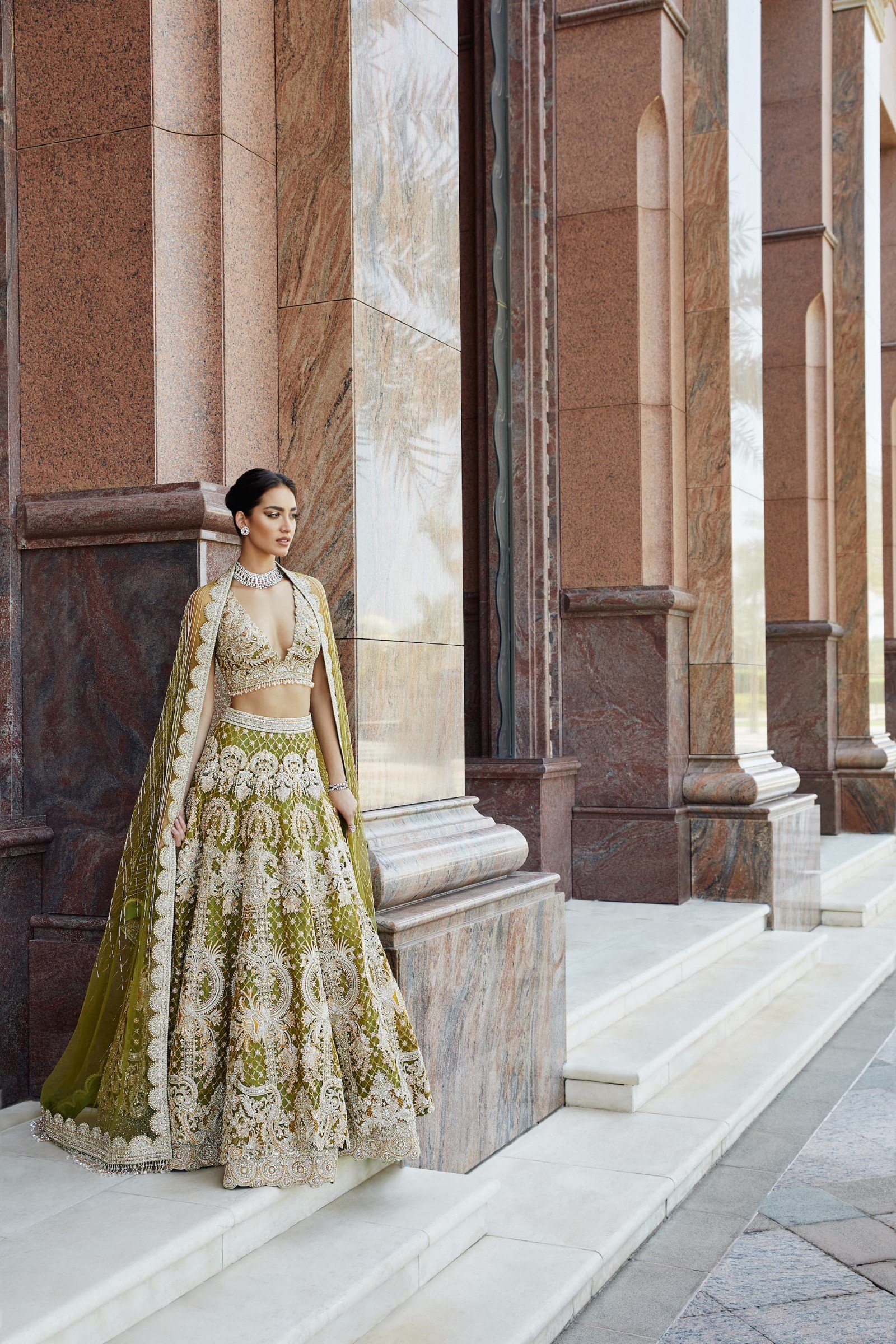 Pakistani Moss Green Embroidered Silk Net Bridal Lehenga (3-Piece) - Image 1