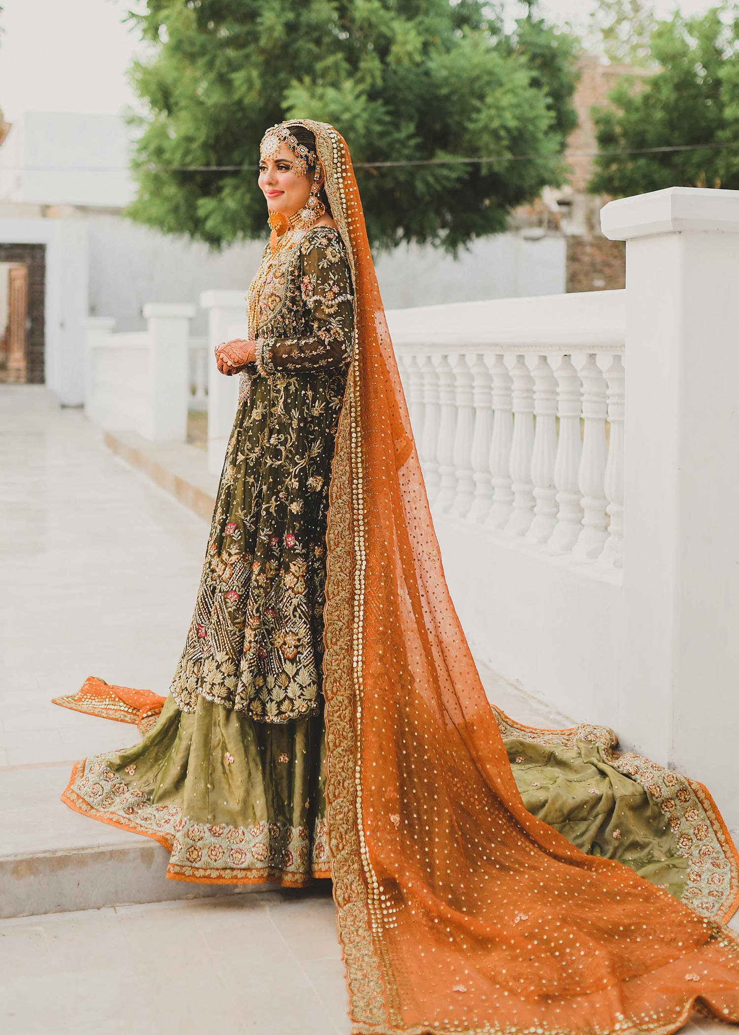 Olive Green Zardozi Silk Bridal Lehenga (3-Piece) - Image 1