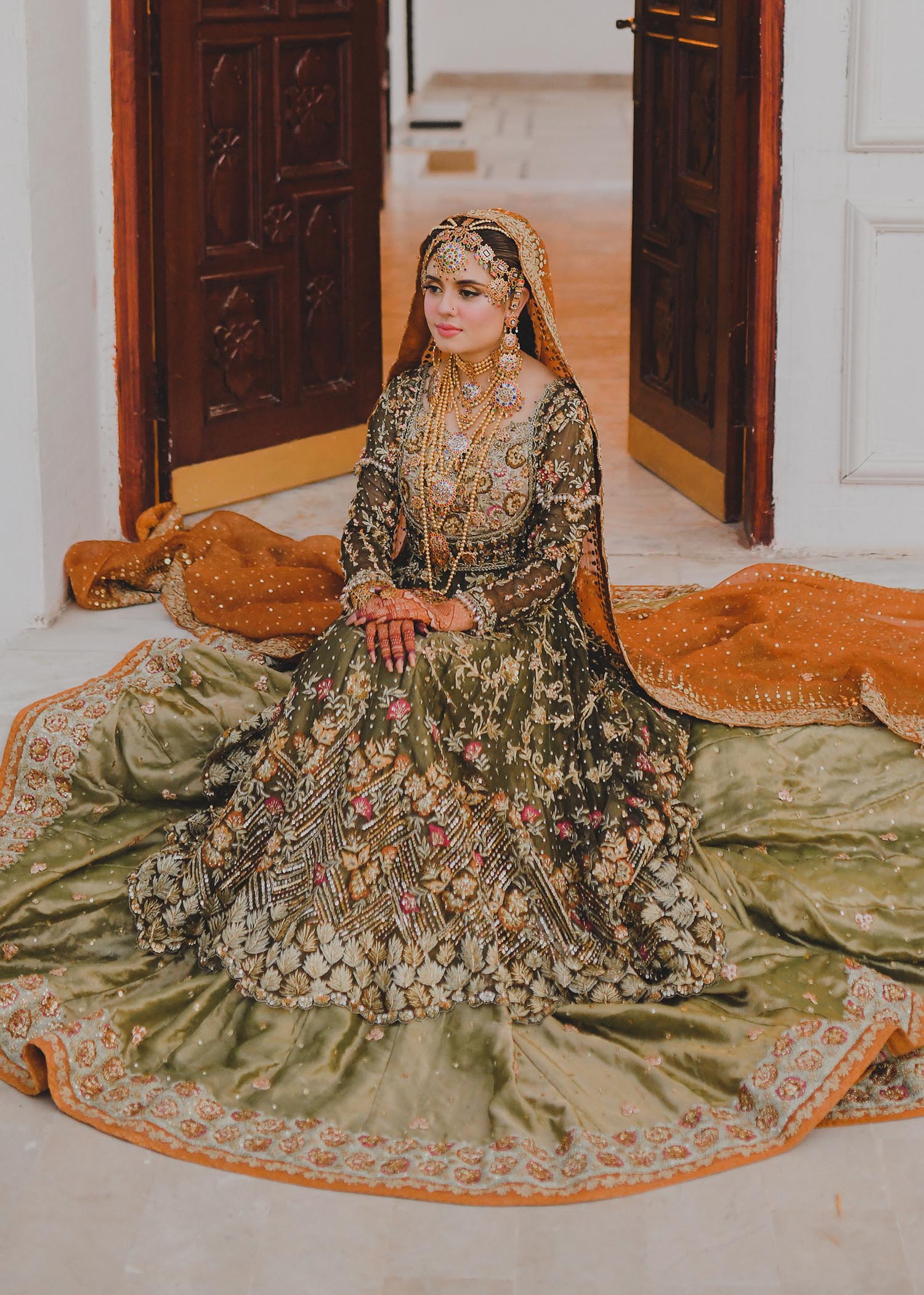 Olive Green Zardozi Silk Bridal Lehenga (3-Piece) - Image 4
