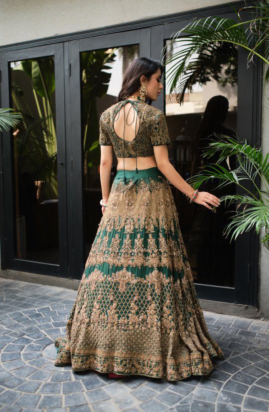 Emerald Green Zardozi Silk Lehenga Choli (3-Piece) - Image 2